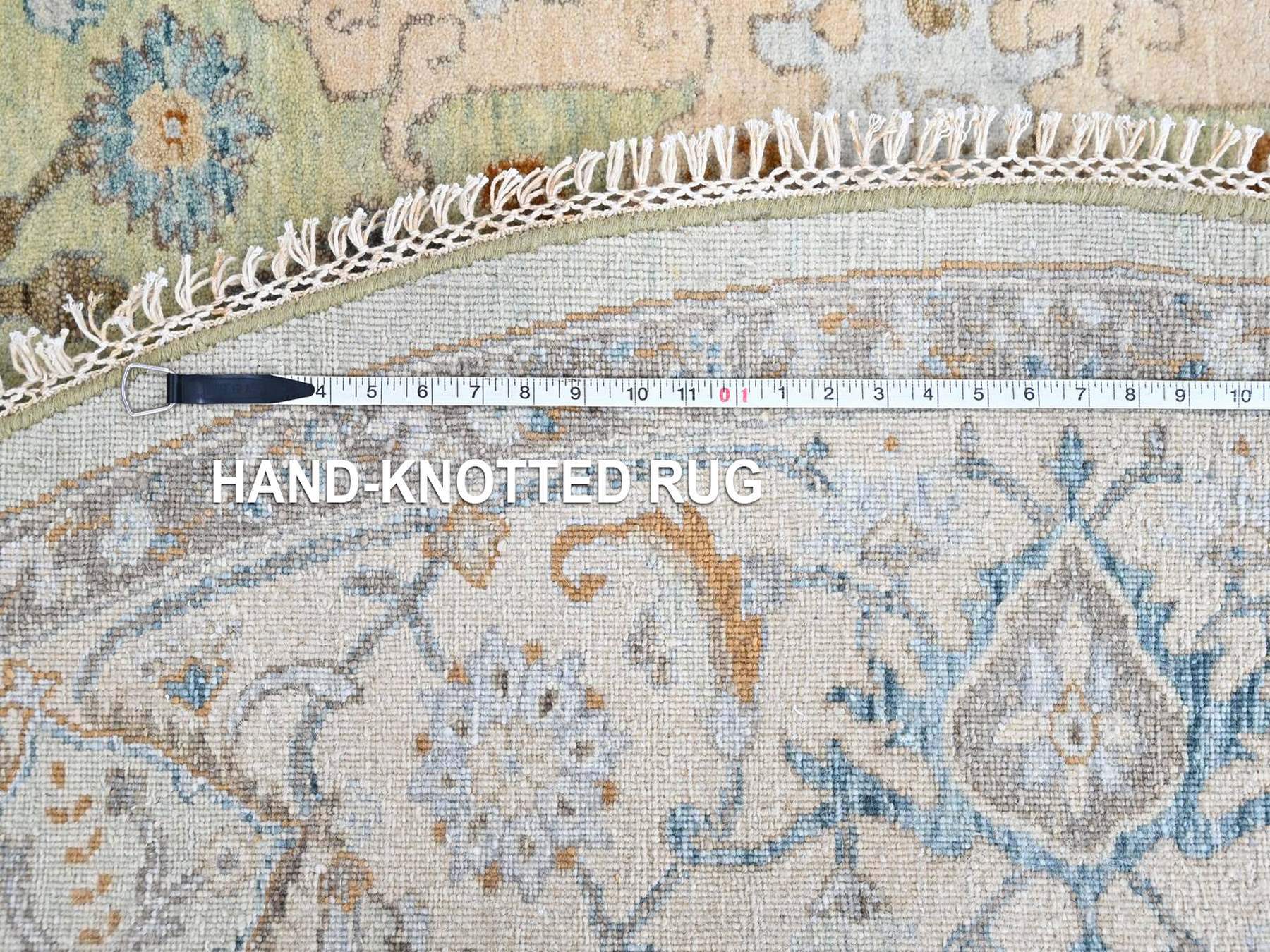 10'x10' Pistachio Green, Oushak with Floral Motifs, Hand Knotted, Pure Wool, Soft Pile, Denser Weave, Round, Oriental Rug HR10591 - Image 8
