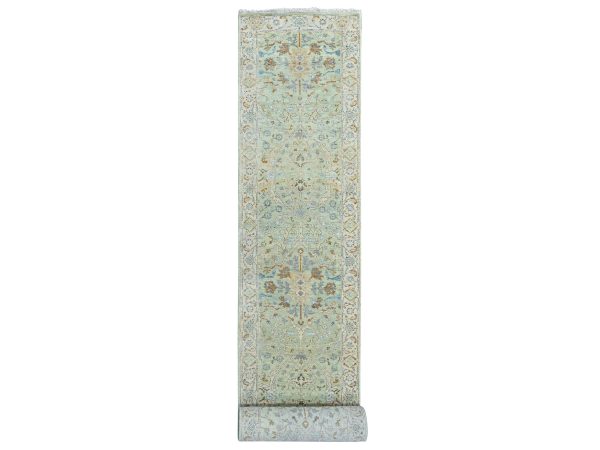 2'6"x16' Pistachio Green, Oushak with Floral Motifs, Hand Knotted, Pure Wool, Soft Pile, Denser Weave, XL Runner, Oriental Rug HR10595