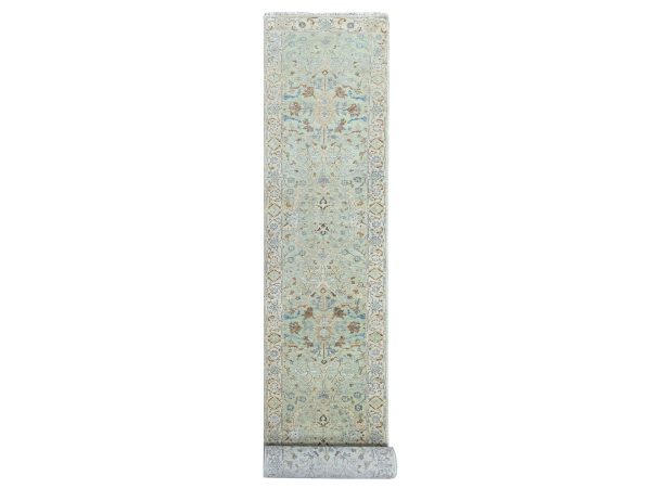 2'6"x18'3" Pistachio Green, Oushak with Floral Motifs, Hand Knotted, Soft Pile, Pure Wool, Denser Weave, XL Runner, Oriental Rug HR10596