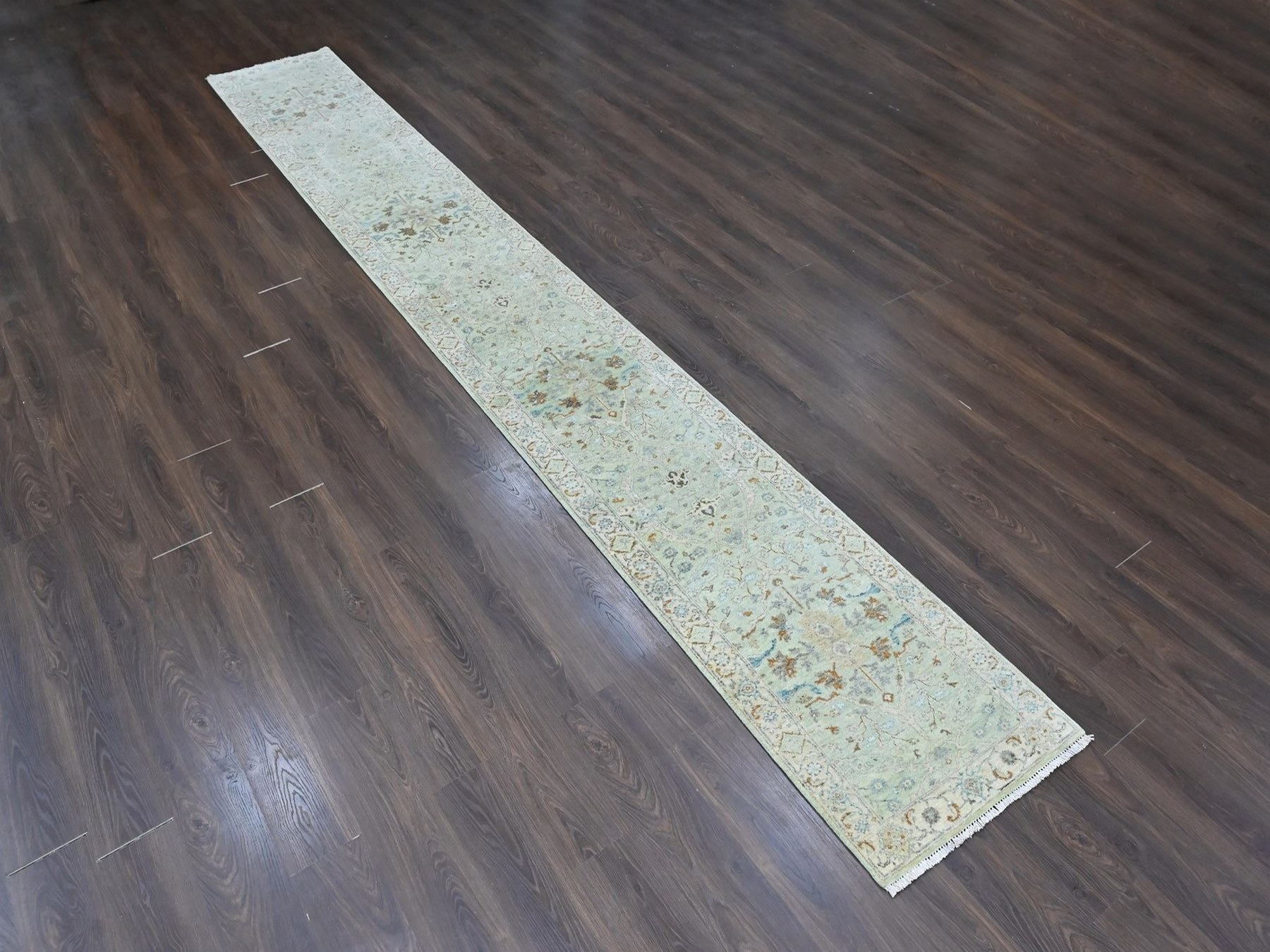 2'6"x18'3" Pistachio Green, Oushak with Floral Motifs, Hand Knotted, Soft Pile, Pure Wool, Denser Weave, XL Runner, Oriental Rug HR10596 - Image 2