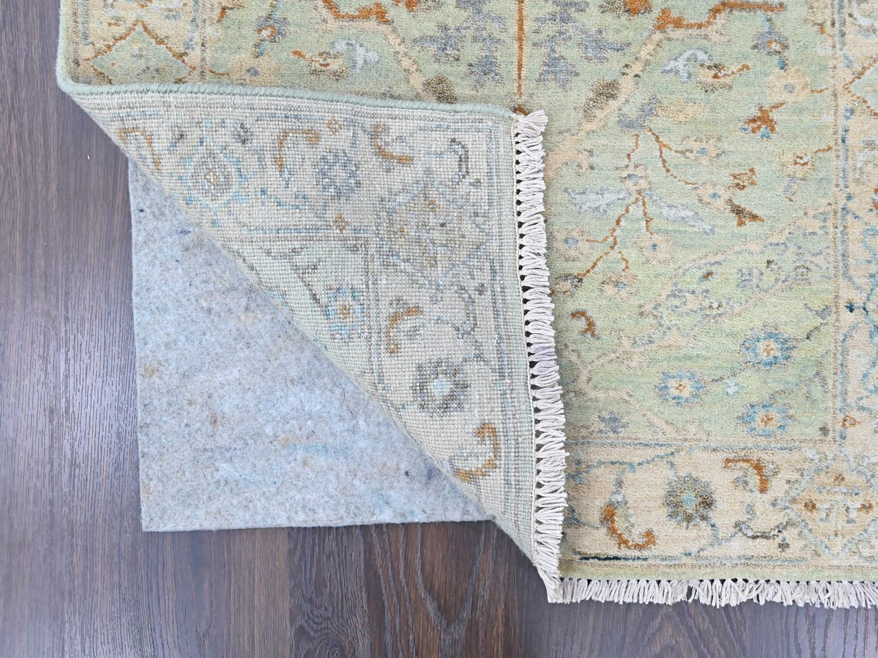 2'6"x18'3" Pistachio Green, Oushak with Floral Motifs, Hand Knotted, Soft Pile, Pure Wool, Denser Weave, XL Runner, Oriental Rug HR10596 - Image 3