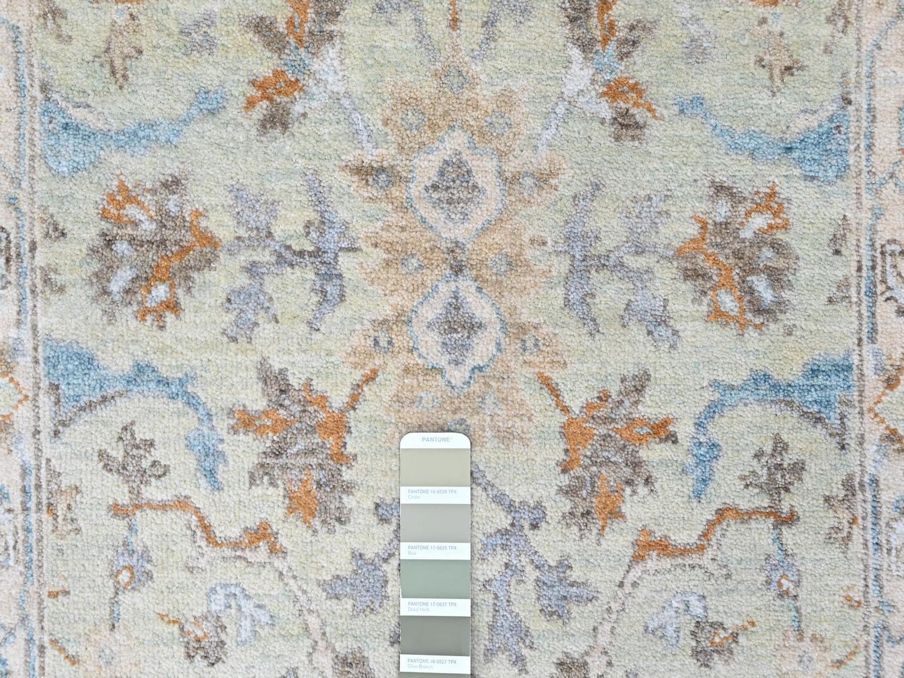 2'6"x18'3" Pistachio Green, Oushak with Floral Motifs, Hand Knotted, Soft Pile, Pure Wool, Denser Weave, XL Runner, Oriental Rug HR10596 - Image 4