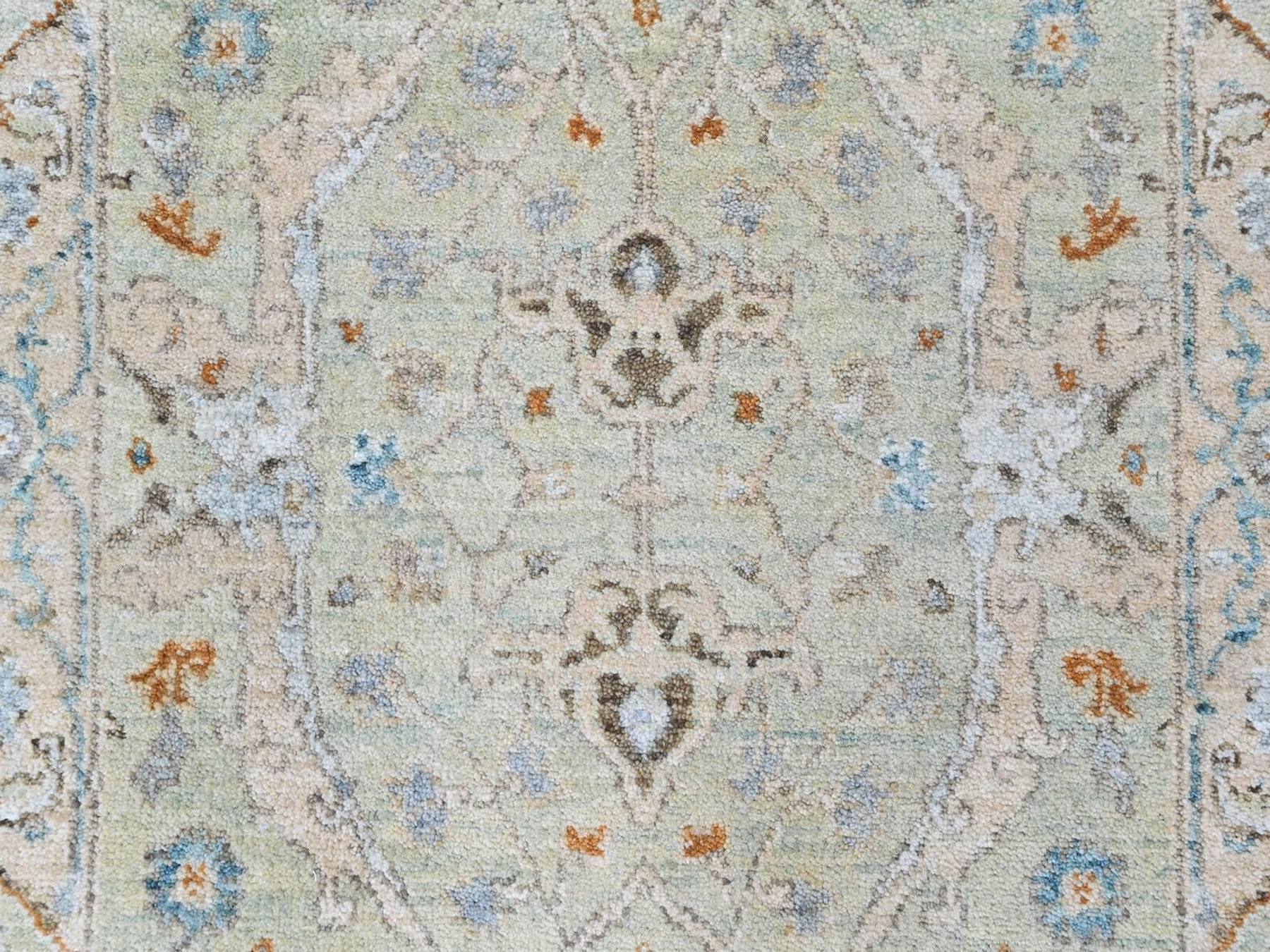 2'6"x18'3" Pistachio Green, Oushak with Floral Motifs, Hand Knotted, Soft Pile, Pure Wool, Denser Weave, XL Runner, Oriental Rug HR10596 - Image 5