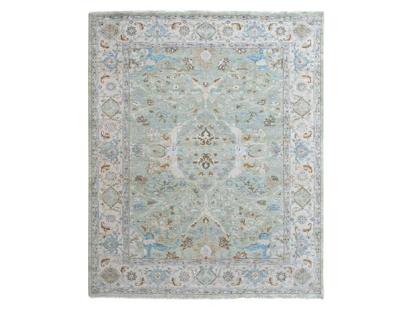 9'2"x11'10" Pistachio Green, Oushak with Floral Motifs, Hand Knotted, Pure Wool, Soft Pile, Denser Weave, Oriental Rug HR10599