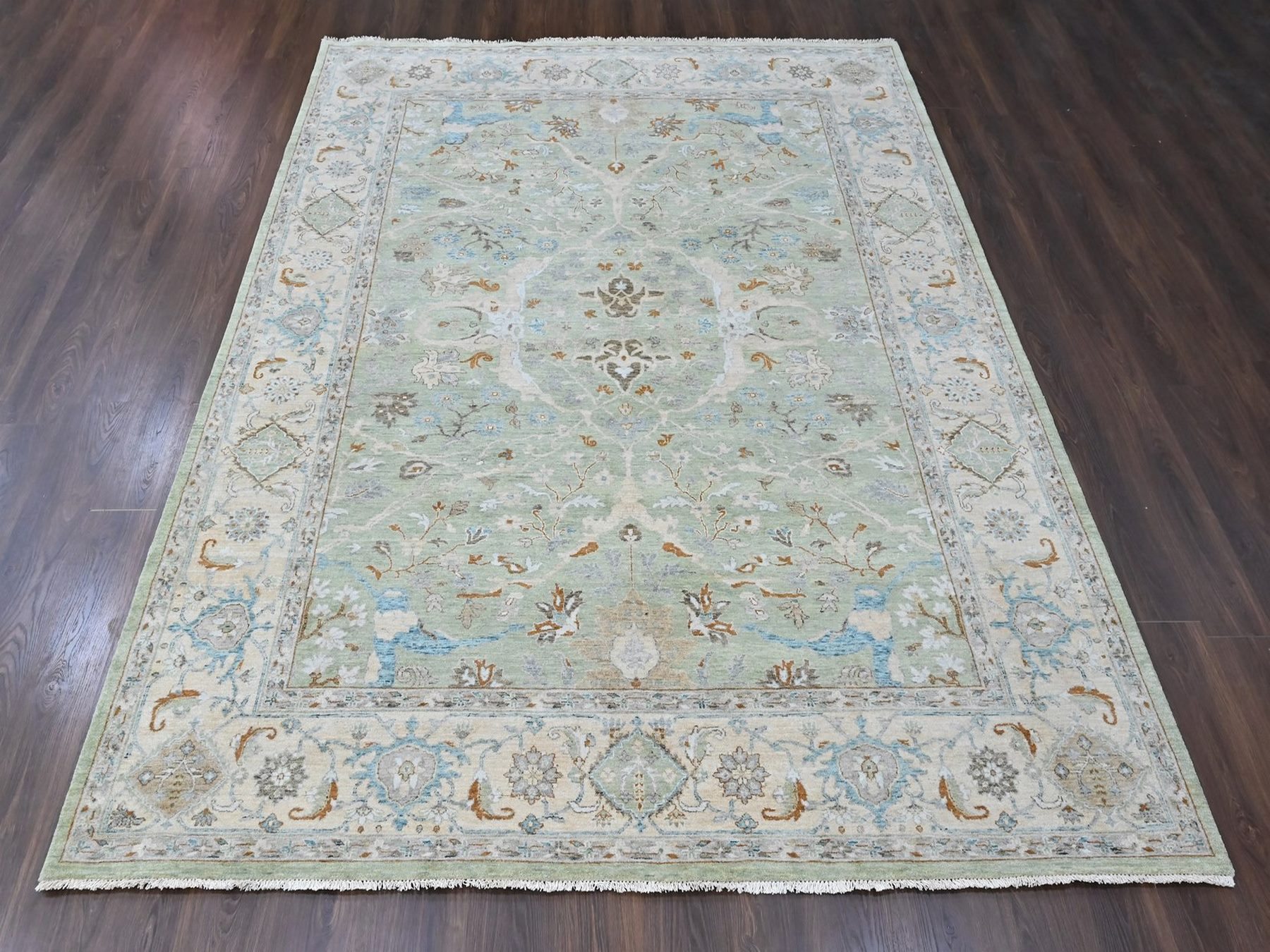 9'2"x11'10" Pistachio Green, Oushak with Floral Motifs, Hand Knotted, Pure Wool, Soft Pile, Denser Weave, Oriental Rug HR10599 - Image 2