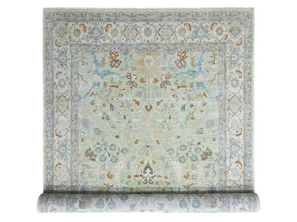 10'x13'10" Pistachio Green, Oushak with Floral Motifs, Hand Knotted, Pure Wool, Soft Pile, Denser Weave, Oriental Rug HR10600