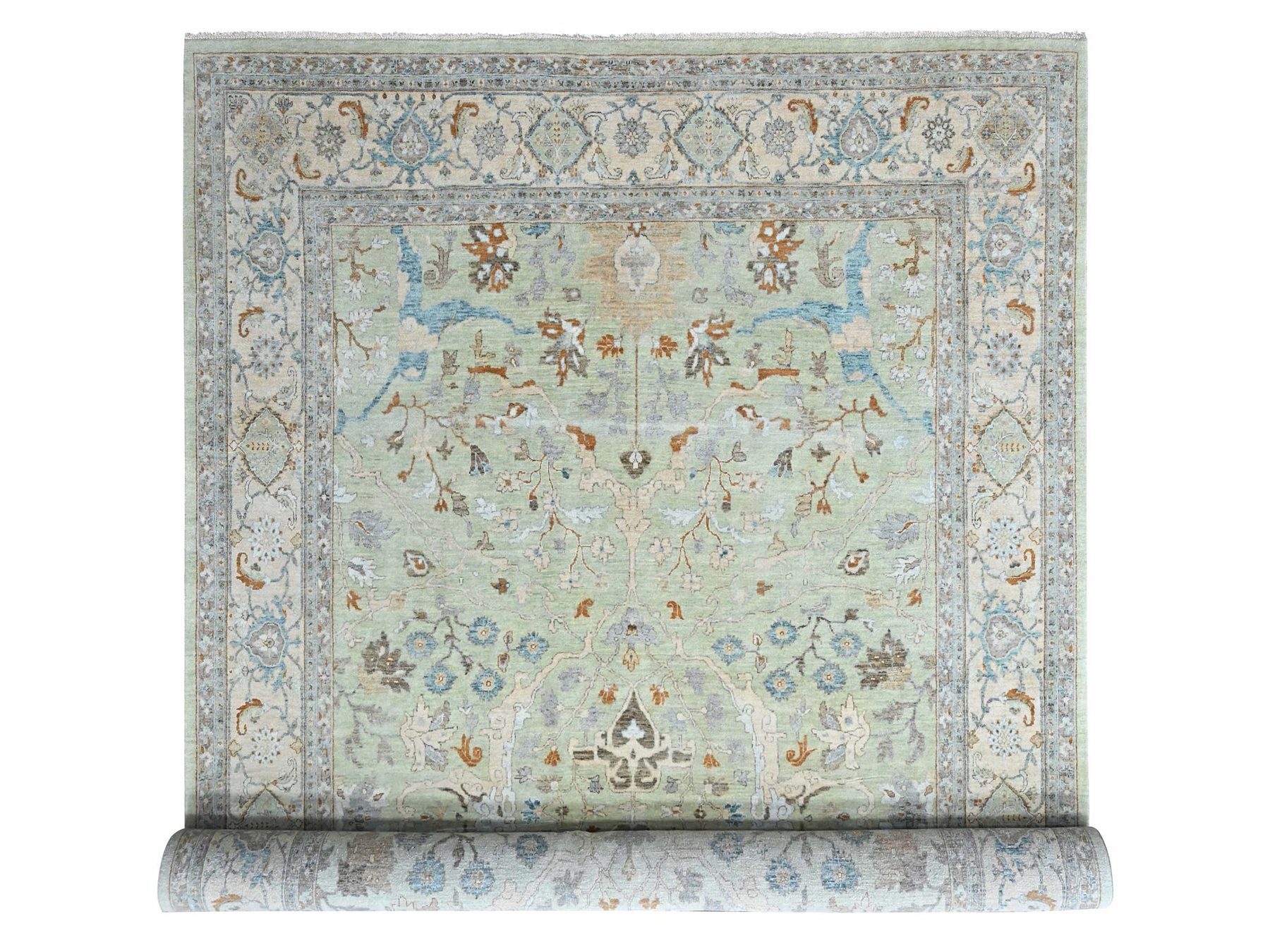 10'x13'10" Pistachio Green, Oushak with Floral Motifs, Hand Knotted, Pure Wool, Soft Pile, Denser Weave, Oriental Rug HR10600