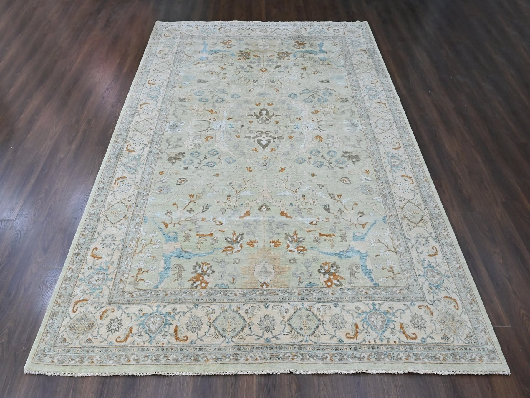 10'x13'10" Pistachio Green, Oushak with Floral Motifs, Hand Knotted, Pure Wool, Soft Pile, Denser Weave, Oriental Rug HR10600 - Image 2