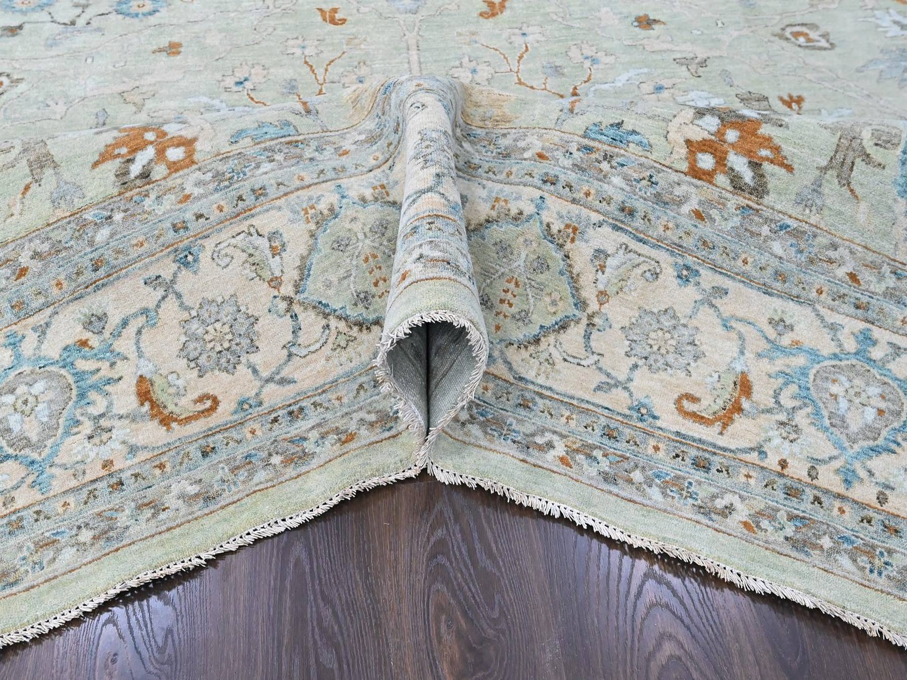 10'x13'10" Pistachio Green, Oushak with Floral Motifs, Hand Knotted, Pure Wool, Soft Pile, Denser Weave, Oriental Rug HR10600 - Image 5