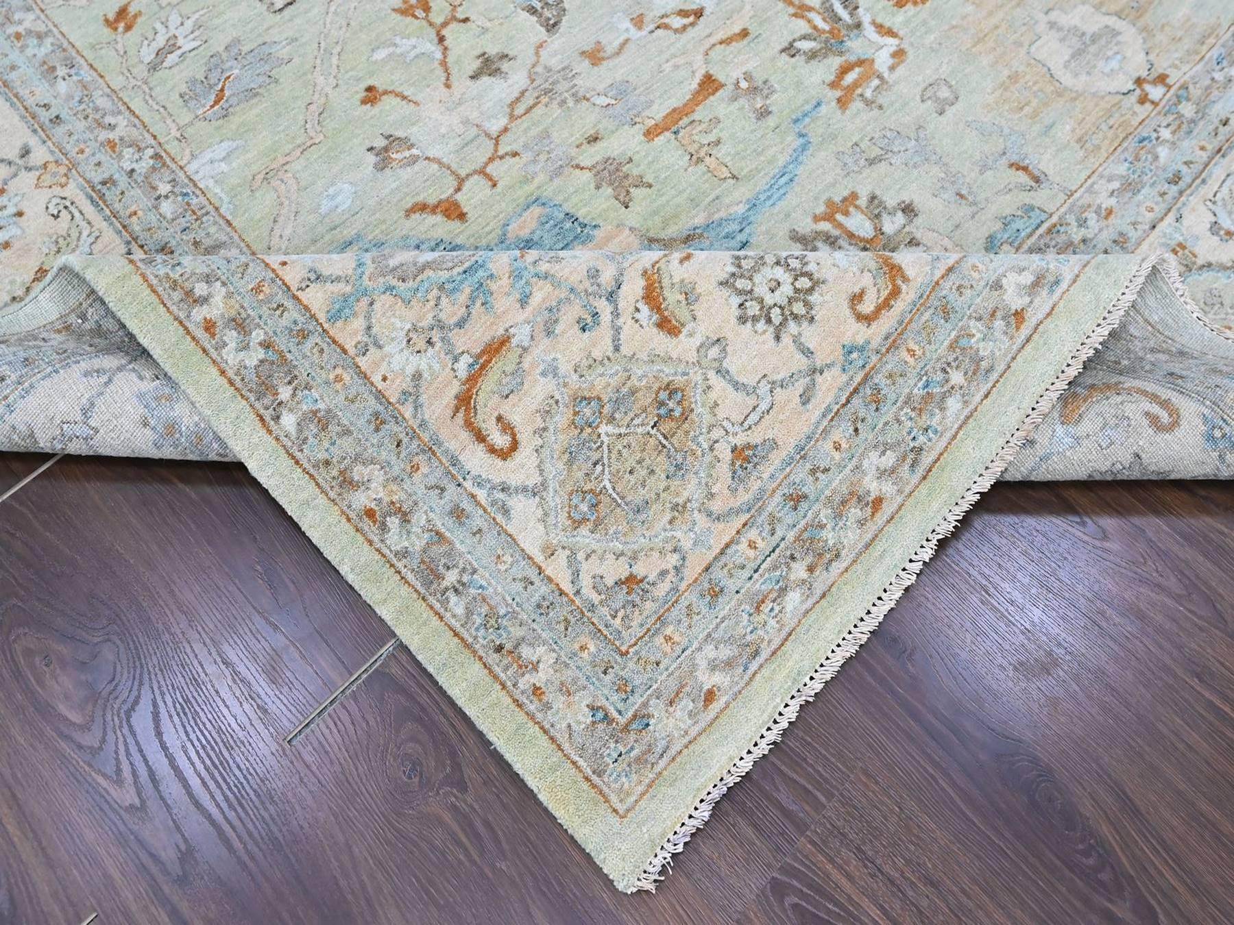 10'x13'10" Pistachio Green, Oushak with Floral Motifs, Hand Knotted, Pure Wool, Soft Pile, Denser Weave, Oriental Rug HR10600 - Image 6