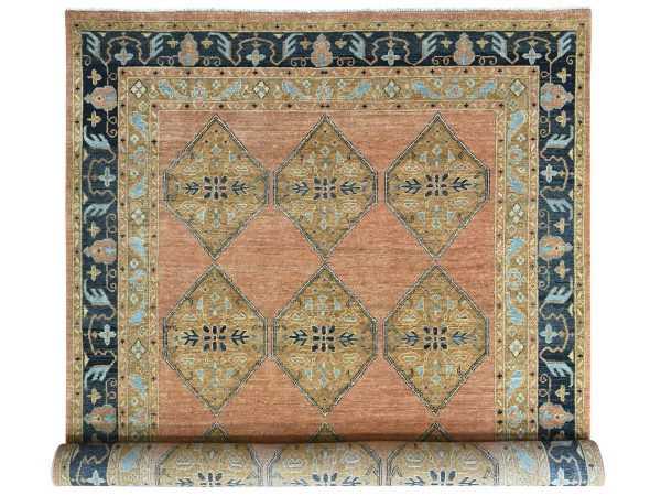 9'2"x13'5" Cantaloupe Orange, Anatolian Design Inspired with Geometric Pattern, Hand Knotted, 100% Wool, Densely Woven, Long and Narrow, Oriental Rug HR10602