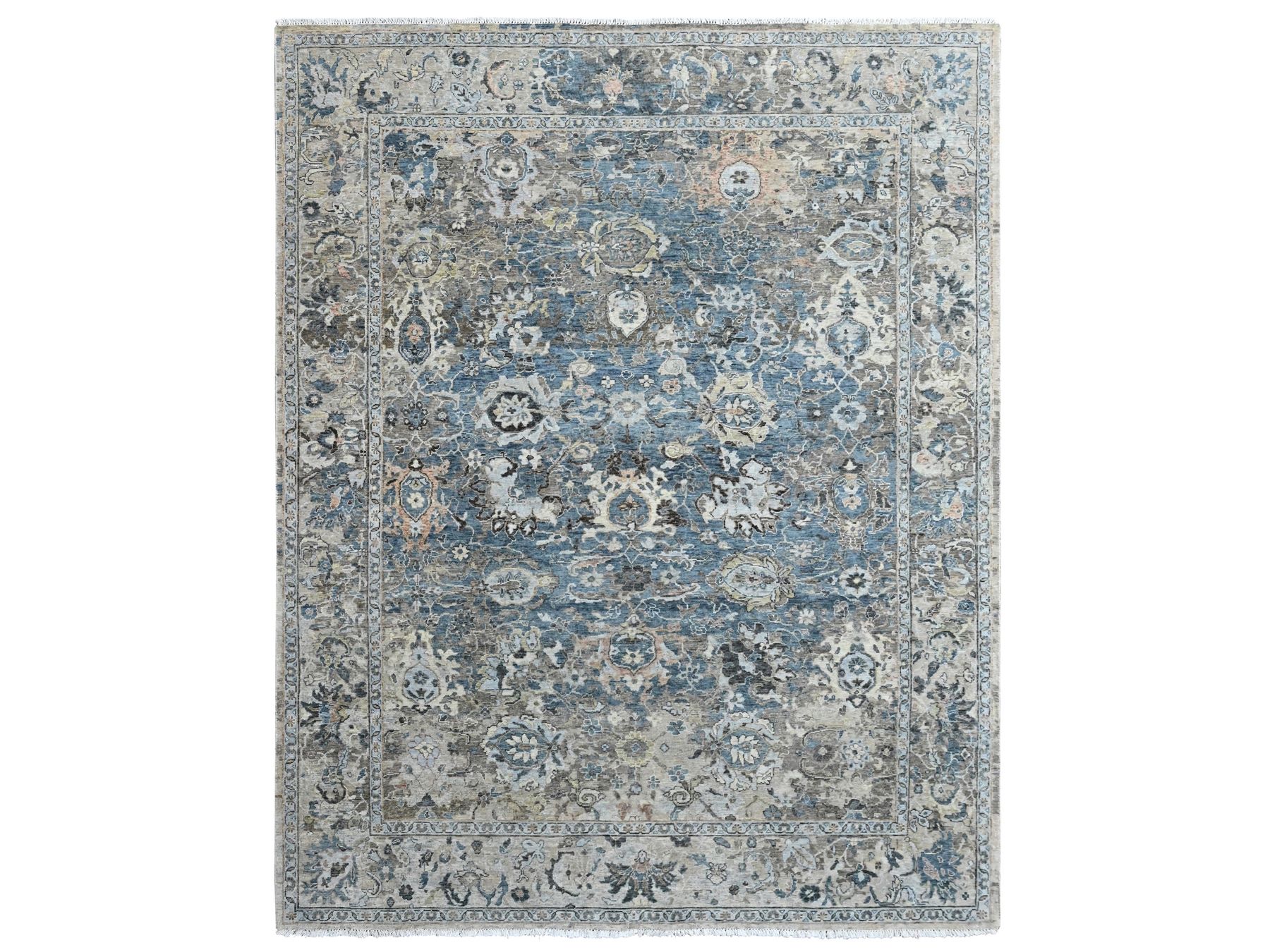 7'7"x9'9" Aegean Blue, Broken and Erased Persian Design, Zero Pile, Distressed, Sheared Low, Vegetable Dyes, Hand Knotted, 100% Wool, Oriental Rug HR10603