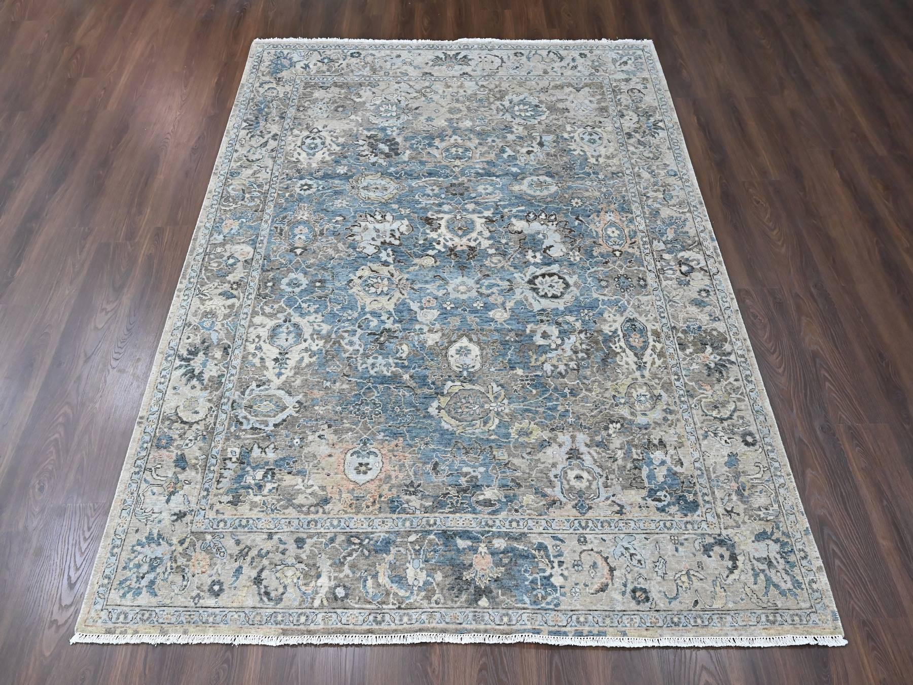 7'7"x9'9" Aegean Blue, Broken and Erased Persian Design, Zero Pile, Distressed, Sheared Low, Vegetable Dyes, Hand Knotted, 100% Wool, Oriental Rug HR10603 - Image 2