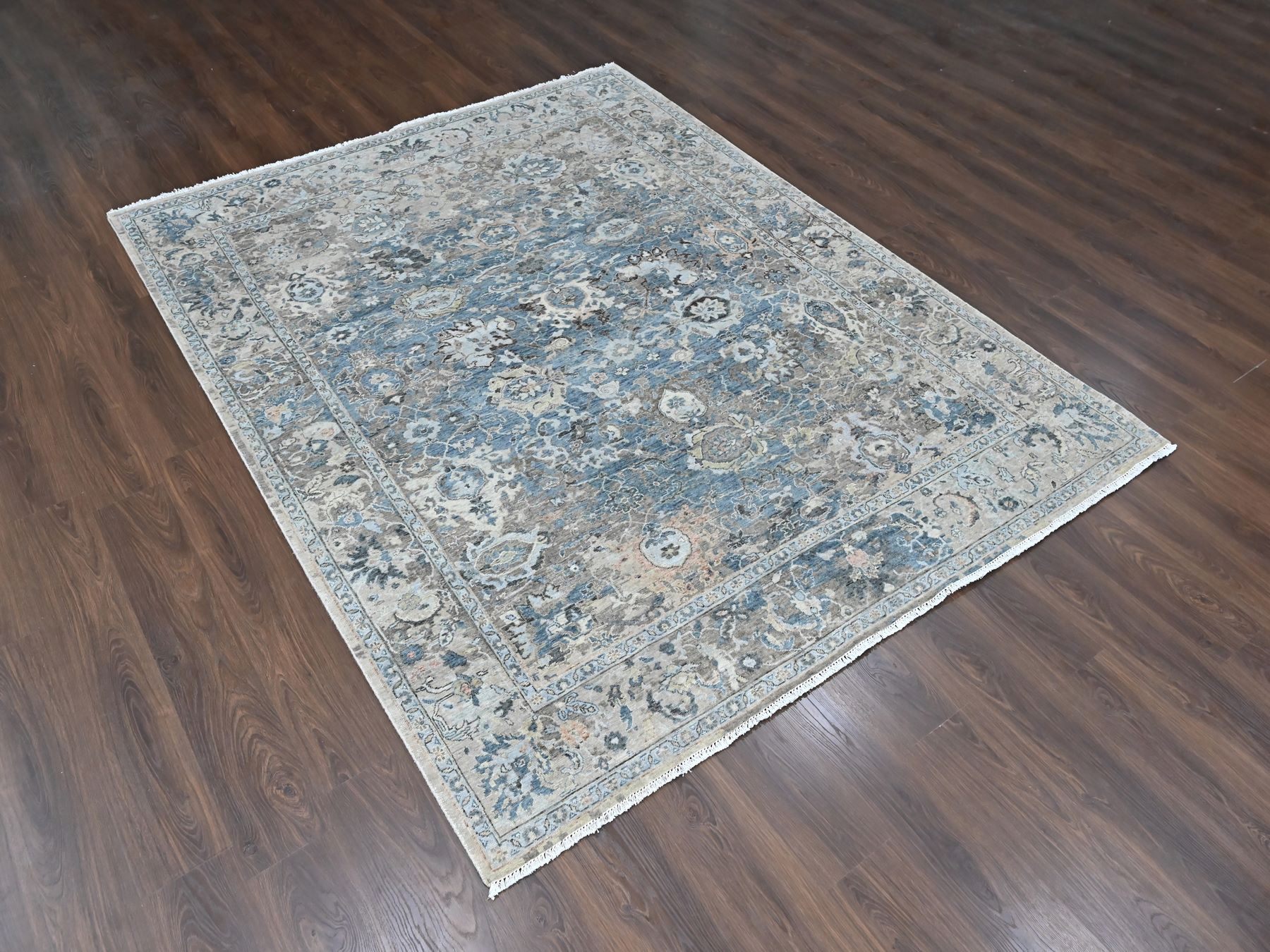7'7"x9'9" Aegean Blue, Broken and Erased Persian Design, Zero Pile, Distressed, Sheared Low, Vegetable Dyes, Hand Knotted, 100% Wool, Oriental Rug HR10603 - Image 3