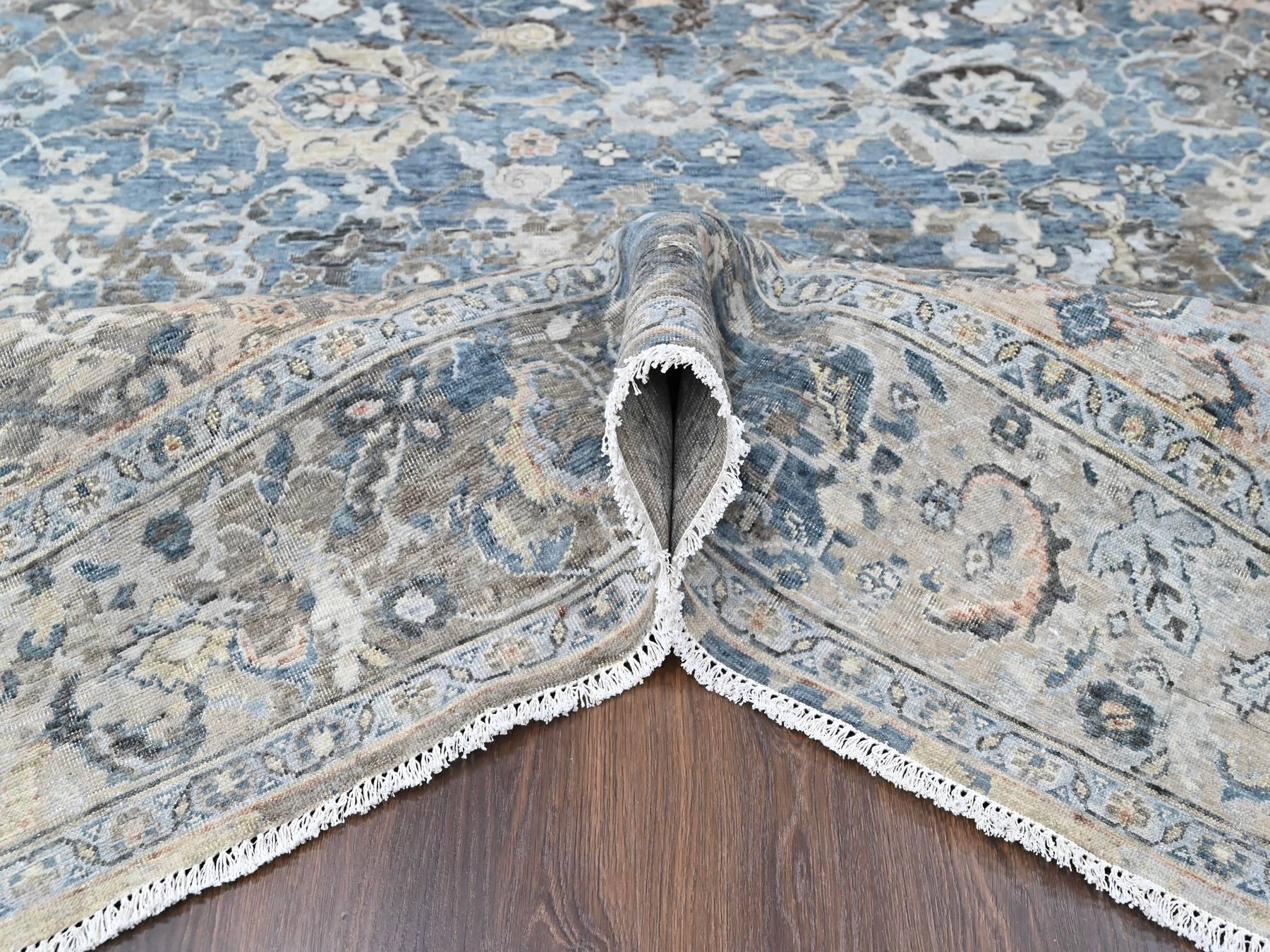 7'7"x9'9" Aegean Blue, Broken and Erased Persian Design, Zero Pile, Distressed, Sheared Low, Vegetable Dyes, Hand Knotted, 100% Wool, Oriental Rug HR10603 - Image 5