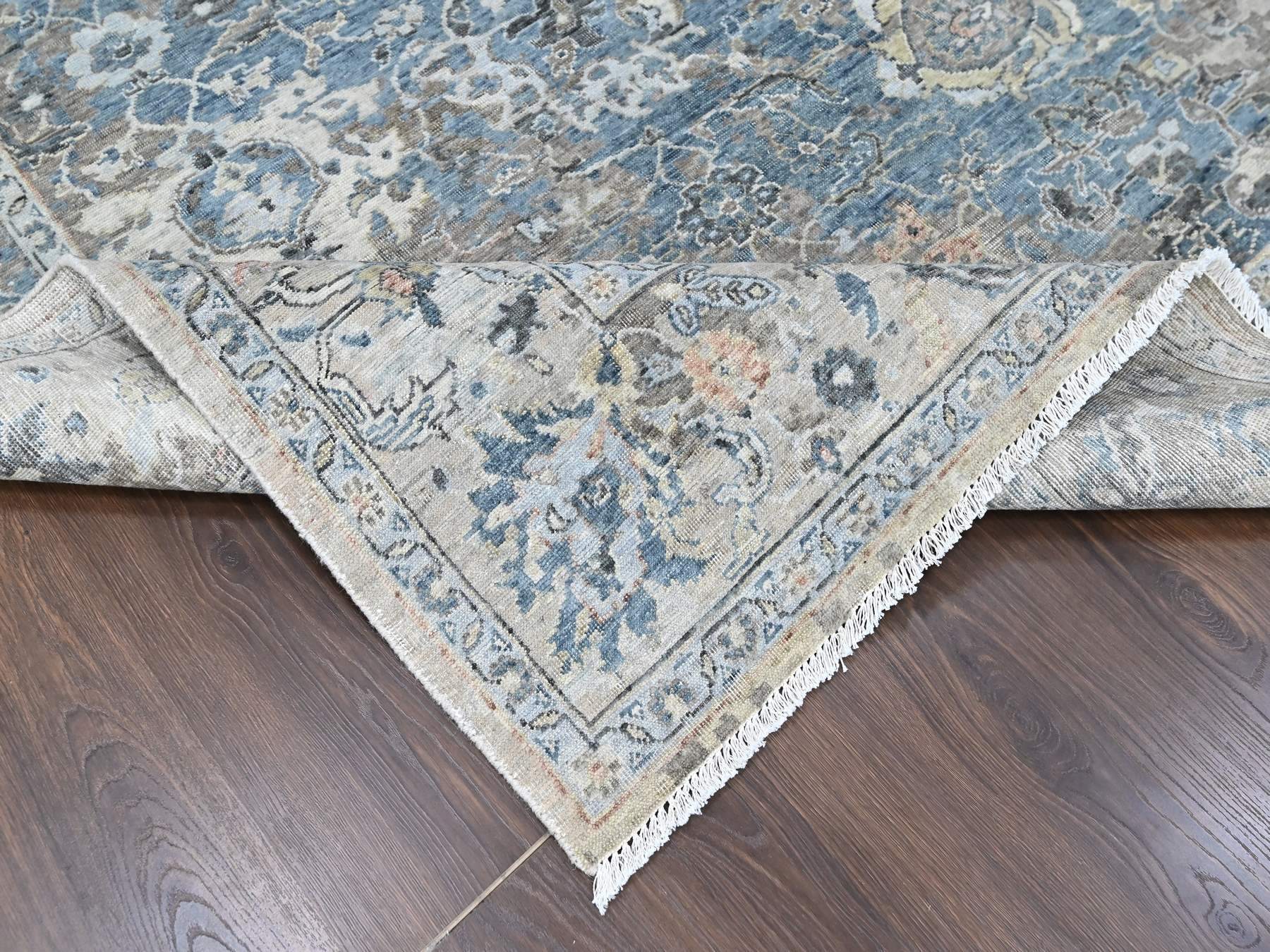 7'7"x9'9" Aegean Blue, Broken and Erased Persian Design, Zero Pile, Distressed, Sheared Low, Vegetable Dyes, Hand Knotted, 100% Wool, Oriental Rug HR10603 - Image 6