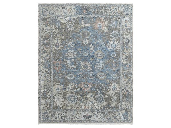 8'3"x11'1" Aegean Blue, Broken and Erased Persian Design, Hand Knotted, Zero Pile, Distressed, Sheared Low, Vegetable Dyes, 100% Wool, Oriental Rug HR10604