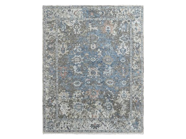 8'4"x11'4" Aegean Blue, Broken and Erased Persian Design, Hand Knotted, 100% Wool, Zero Pile, Distressed, Sheared Low, Vegetable Dyes, Oriental Rug HR10605