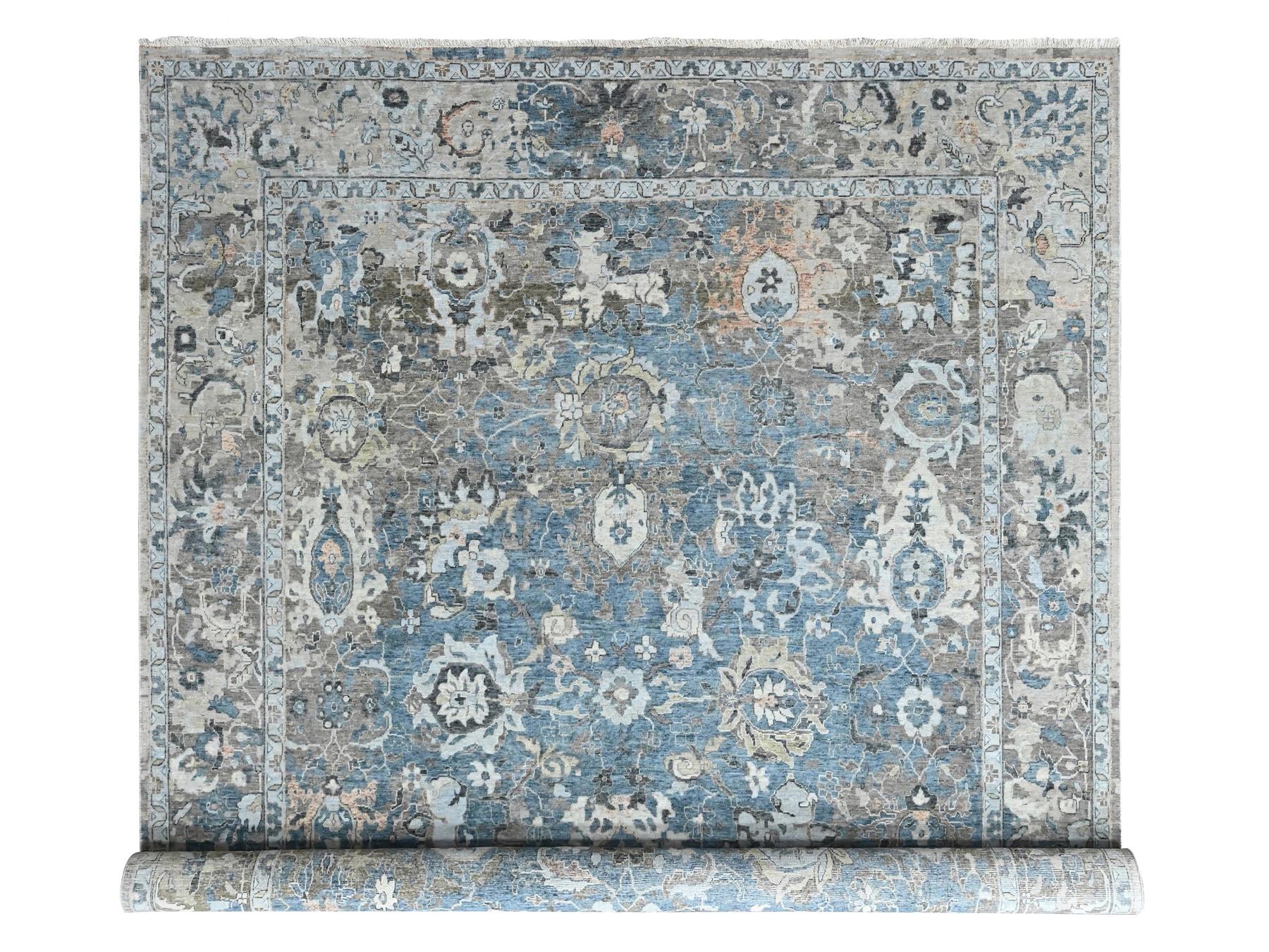 9'3"x13'4" Aegean Blue, Broken and Erased Persian Design, Zero Pile, Distressed, Sheared Low, Hand Knotted, 100% Wool, Vegetable Dyes, Oriental Rug HR10606