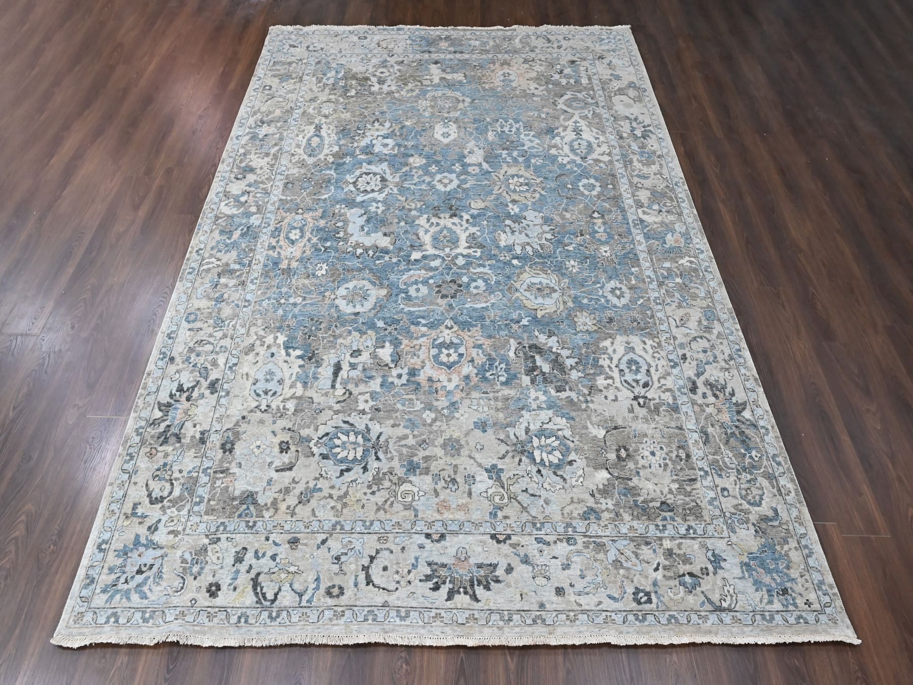 9'3"x13'4" Aegean Blue, Broken and Erased Persian Design, Zero Pile, Distressed, Sheared Low, Hand Knotted, 100% Wool, Vegetable Dyes, Oriental Rug HR10606 - Image 2