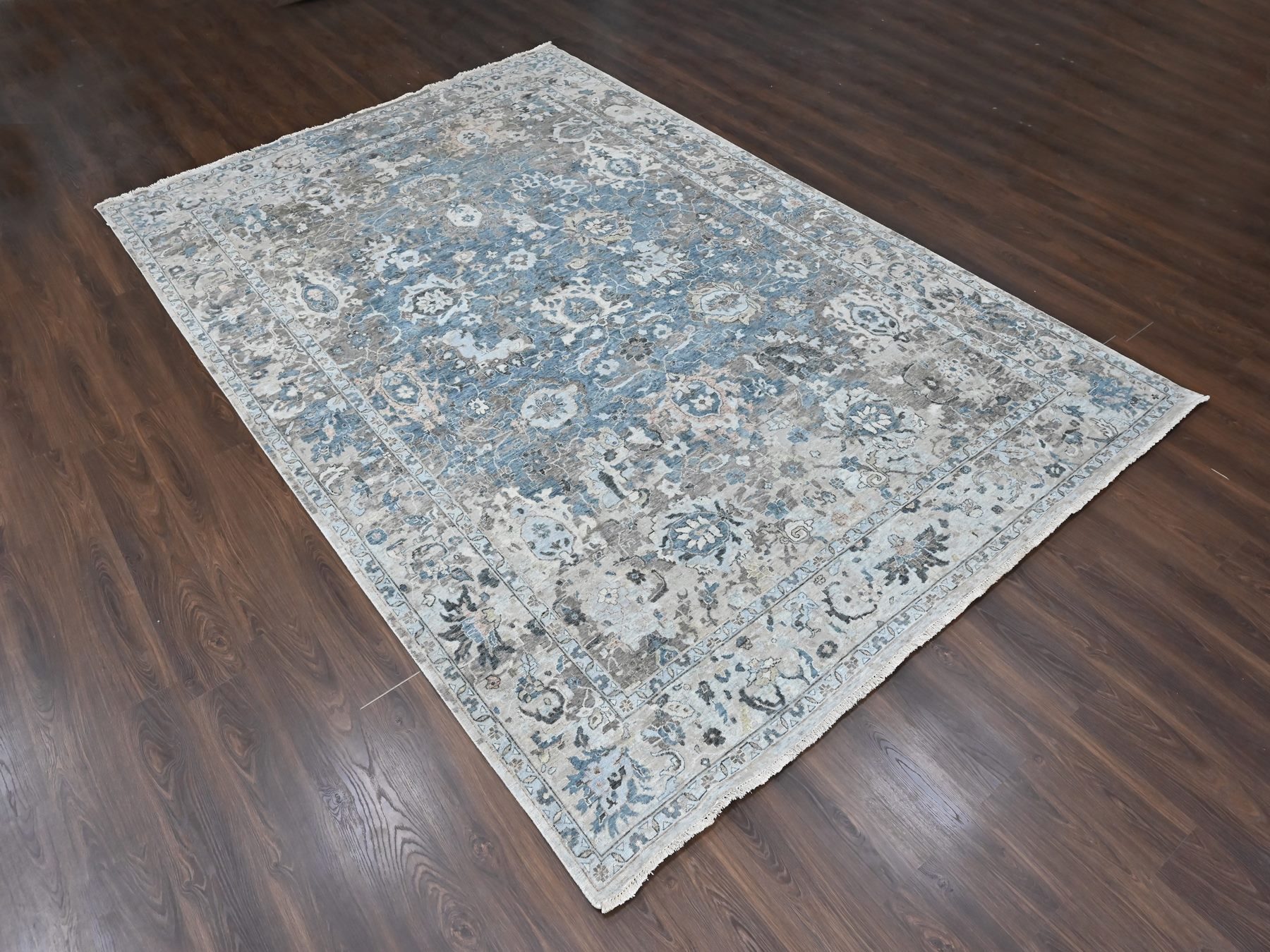 9'3"x13'4" Aegean Blue, Broken and Erased Persian Design, Zero Pile, Distressed, Sheared Low, Hand Knotted, 100% Wool, Vegetable Dyes, Oriental Rug HR10606 - Image 3
