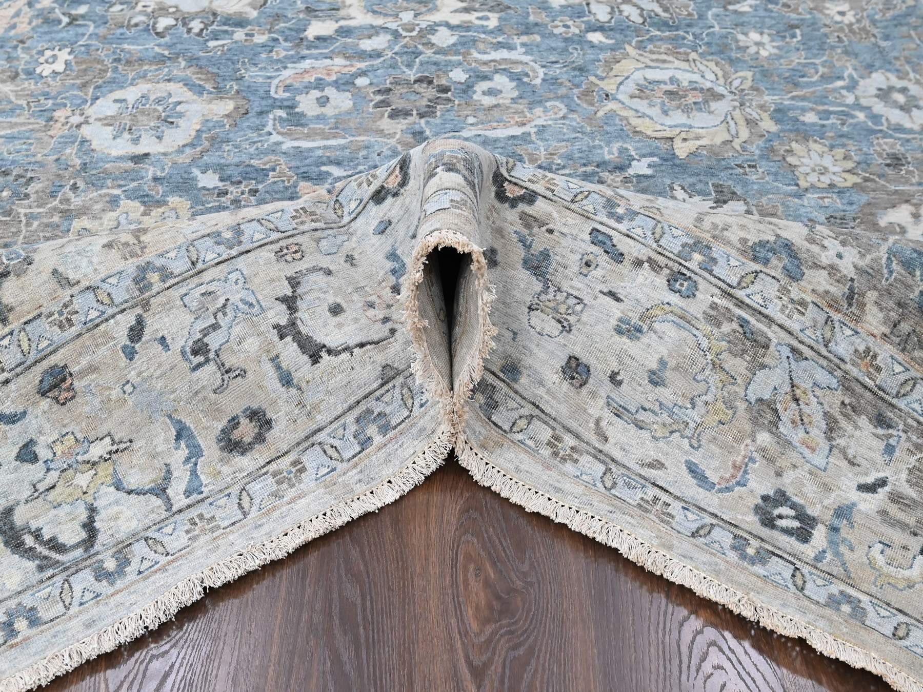 9'3"x13'4" Aegean Blue, Broken and Erased Persian Design, Zero Pile, Distressed, Sheared Low, Hand Knotted, 100% Wool, Vegetable Dyes, Oriental Rug HR10606 - Image 5