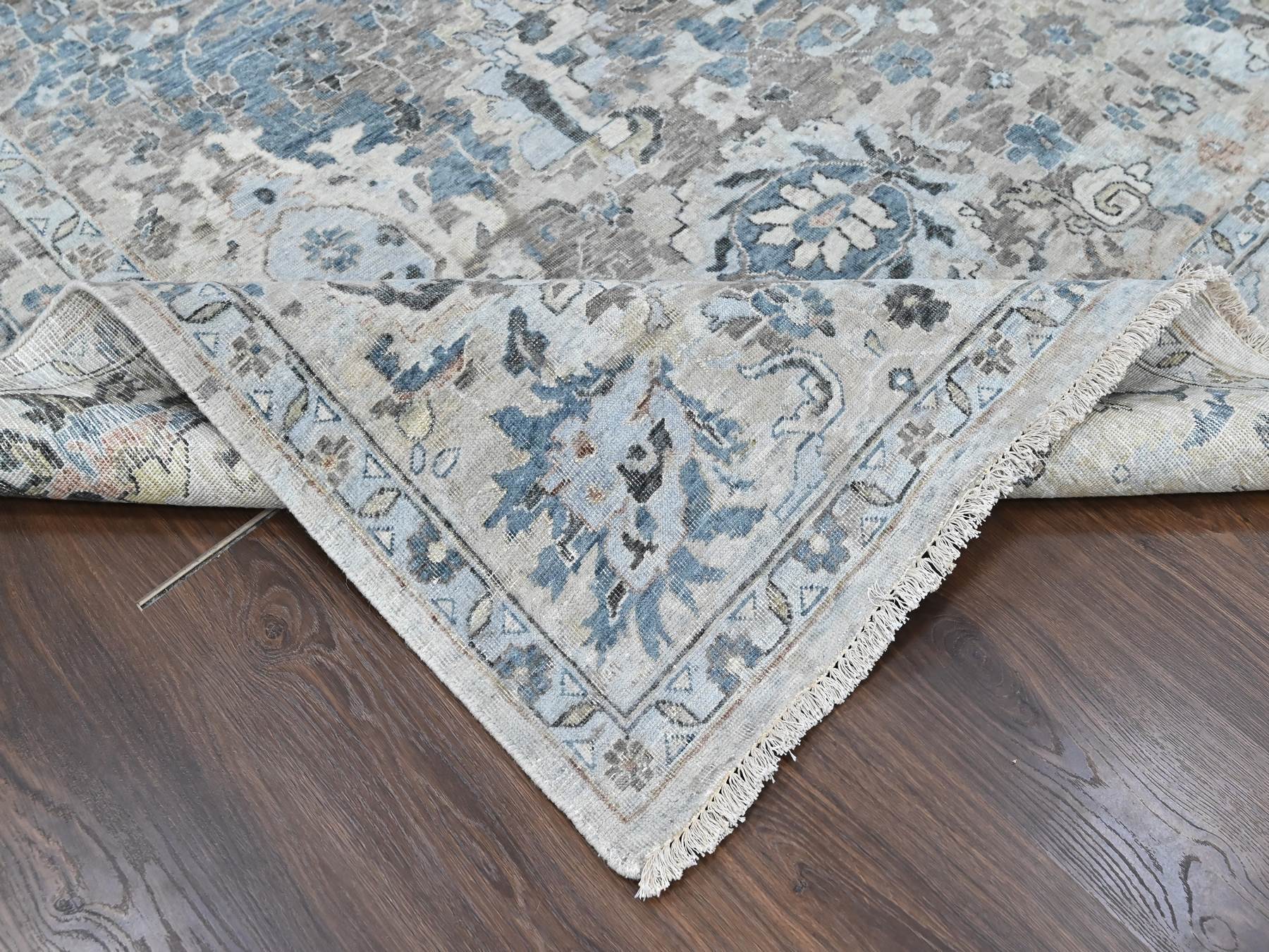 9'3"x13'4" Aegean Blue, Broken and Erased Persian Design, Zero Pile, Distressed, Sheared Low, Hand Knotted, 100% Wool, Vegetable Dyes, Oriental Rug HR10606 - Image 6
