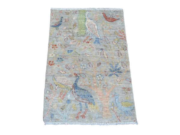 2'1"x3'1" Cloud Gray, Hand Knotted, Afghan Peshawar with Birds of Paradise Design, Soft Wool, Vegetable Dyes, Mat, Oriental Rug HR20033
