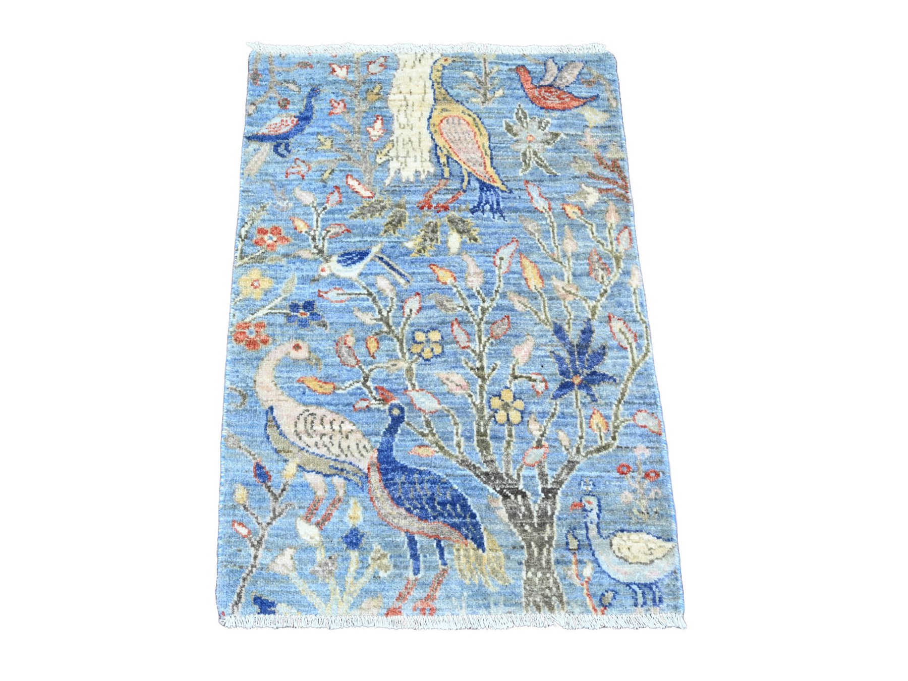 2'1"x3'1" Maya Blue, Soft Wool, Afghan Peshawar with Birds of Paradise Design, Vegetable Dyes, Hand Knotted, Mat, Sample, Oriental Rug HR20038