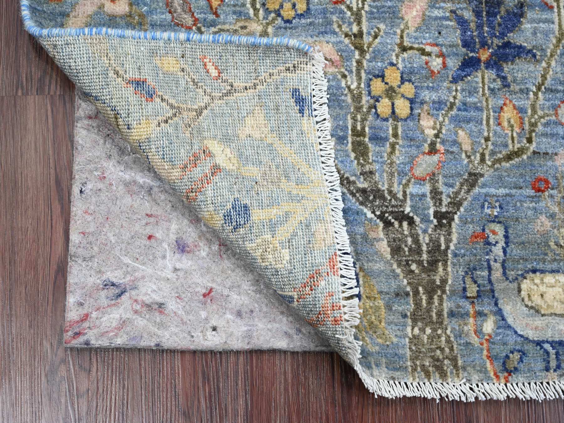 2'1"x3'1" Maya Blue, Soft Wool, Afghan Peshawar with Birds of Paradise Design, Vegetable Dyes, Hand Knotted, Mat, Sample, Oriental Rug HR20038 - Image 2