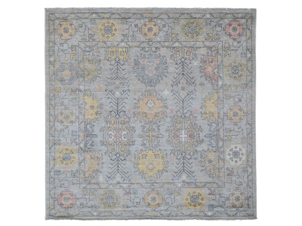 6'1"x6'1" Misty Gray, 100% Wool, Afghan Angora Oushak with Geometric Leaf Design, Hand Knotted, Veggie Dyes, Square, Oriental Rug HR20202