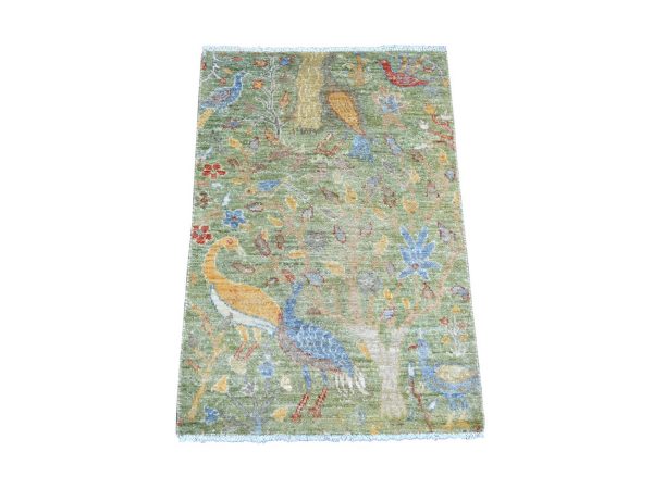 2'1"x3'1" Olive Green, Afghan Peshawar with Colorful Birds of Paradise Design, Hand Knotted, Natural Wool, Natural Dyes, Mat, Sample, Oriental Rug HR21098