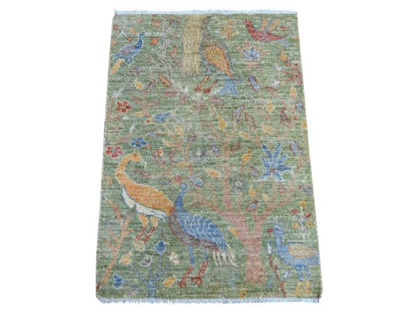 2'1"x3' Pickle Green, Hand Knotted, Afghan Peshawar with Birds of Paradise Design, 100% Wool, Vegetable Dyes, Mat, Sample, Oriental Rug HR21206