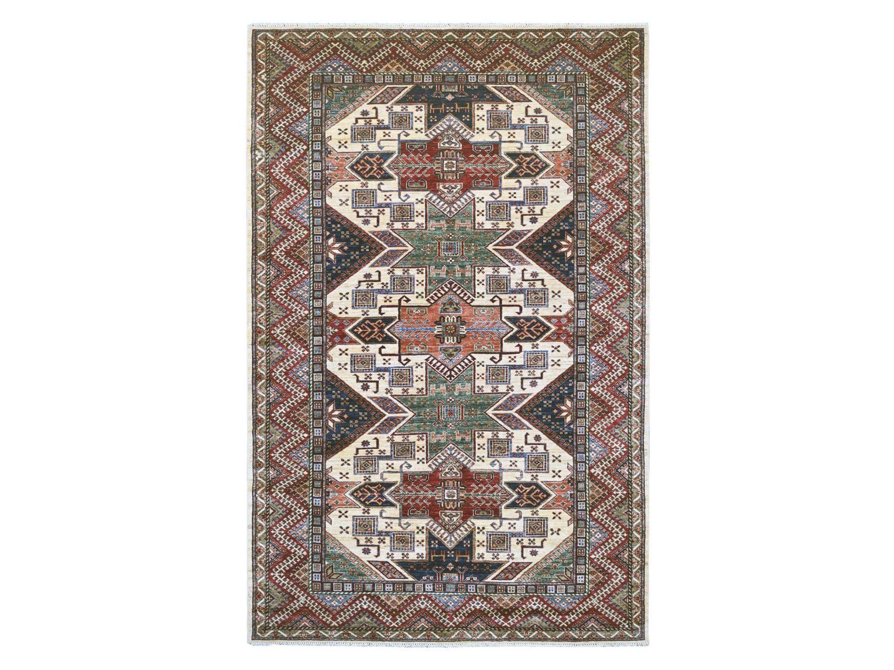 6'x9'1" Chiffon White, Afghan Super Kazak with Sherwan Design, Vegetable Dyes, Pure Wool, Hand Knotted, Oriental Rug HR21552