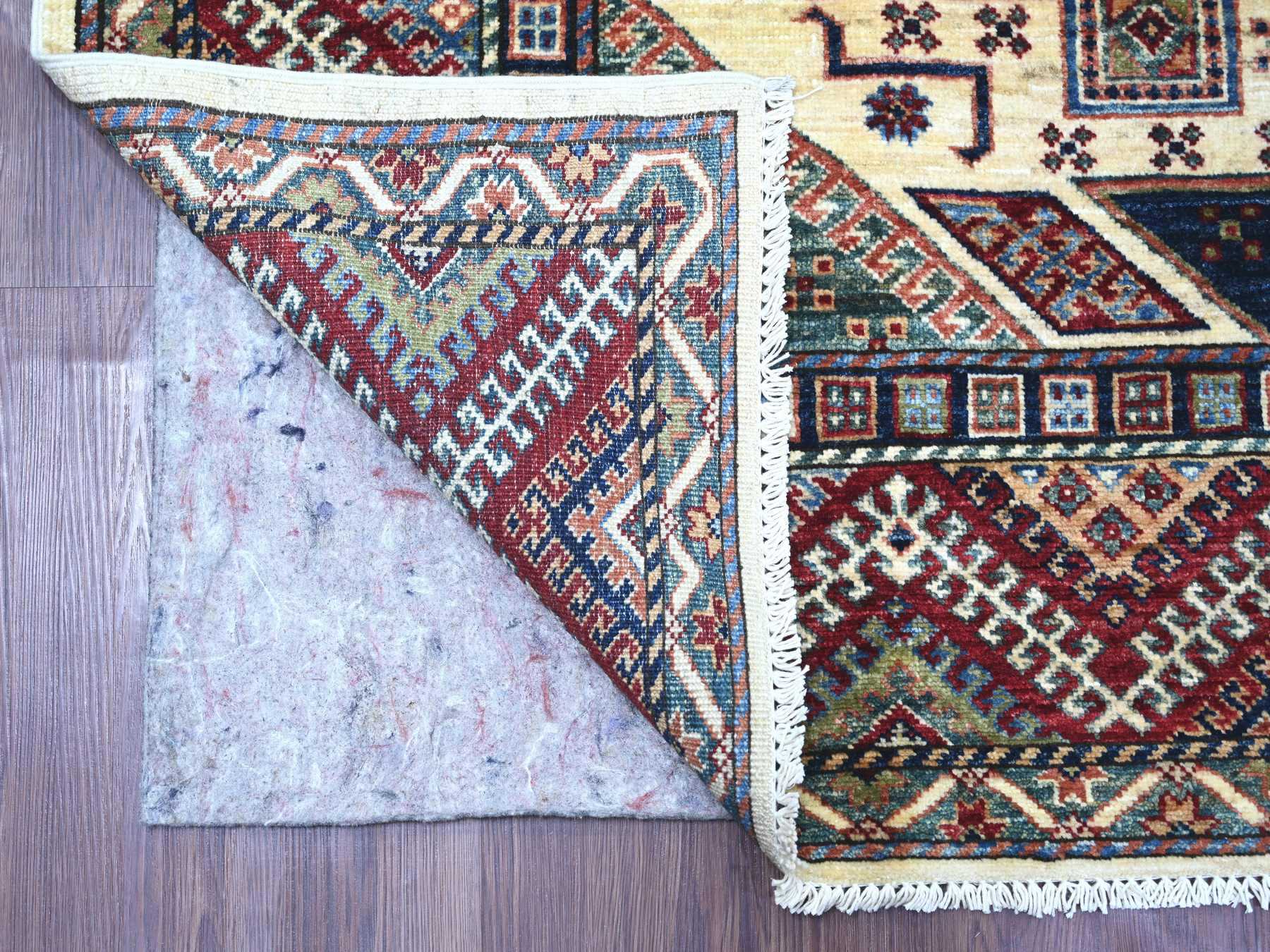 6'x9'1" Chiffon White, Afghan Super Kazak with Sherwan Design, Vegetable Dyes, Pure Wool, Hand Knotted, Oriental Rug HR21552 - Image 2