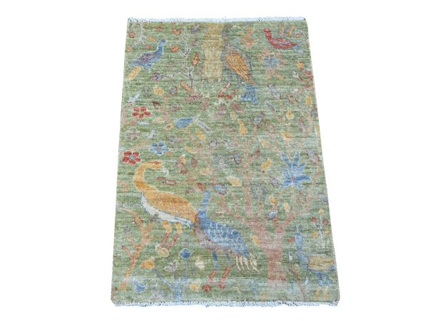 2'1"x3' Pickle Green, Afghan Peshawar with Colorful Birds of Paradise Design, Hand Knotted, Soft Wool, Natural Dyes, Mat, Sample, Oriental Rug HR21649