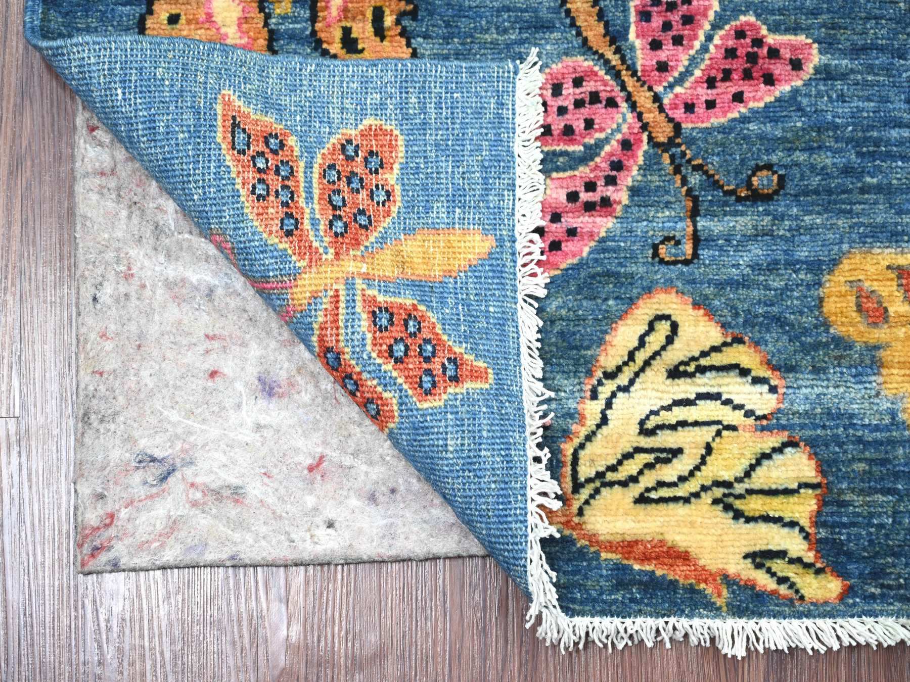 2'8"x5'8" Imperial Blue, Hand Knotted, Afghan Peshawar with Colorful Butterfly Design, Soft and Shiny Wool, Runner, Oriental Rug HR21770 - Image 2