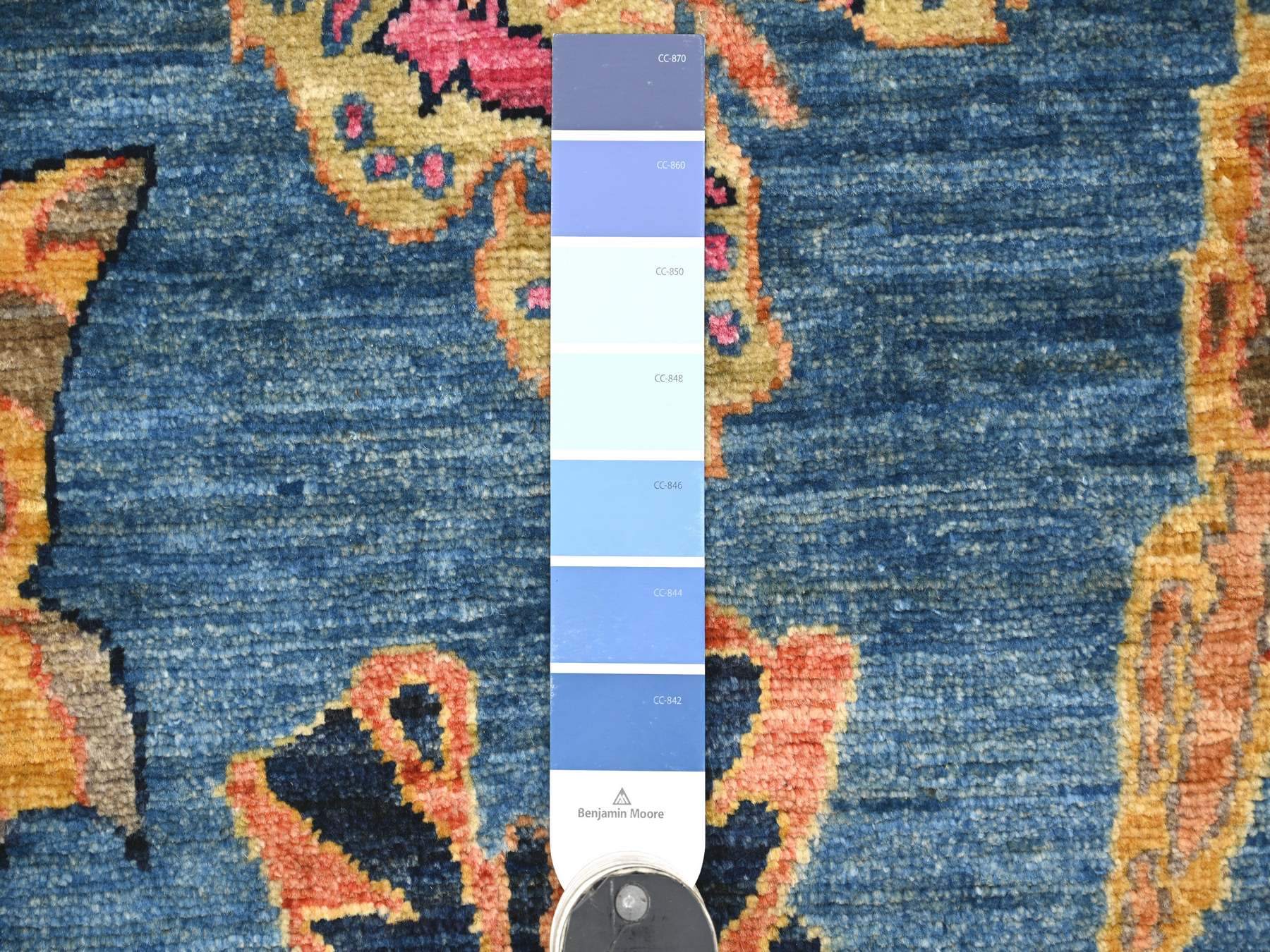 2'8"x5'8" Imperial Blue, Hand Knotted, Afghan Peshawar with Colorful Butterfly Design, Soft and Shiny Wool, Runner, Oriental Rug HR21770 - Image 3