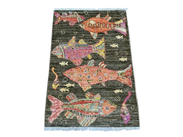 2'x3' Brown, Afghan Peshawar with Colorful Oceanic Fish Design, Soft and Velvety Wool, Hand Knotted, Mat, Sample, Oriental Rug HR21774