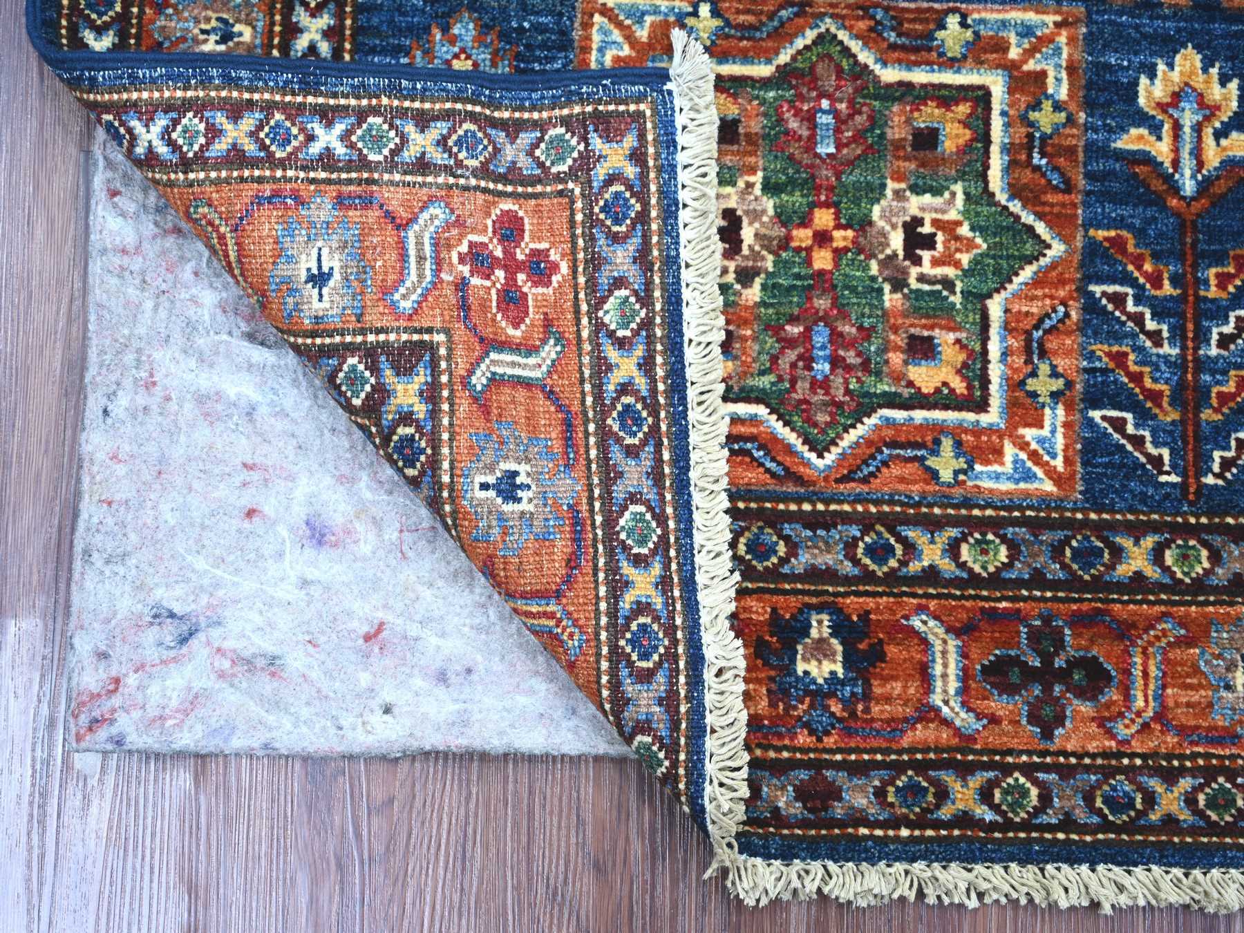 2'9"x4'1" Navy Blue, Natural Wool, Afghan Super Kazak with Geometric Medallions Design, Hand Knotted, Vegetable Dyes, Sample, Mat, Oriental Rug HR21822 - Image 2