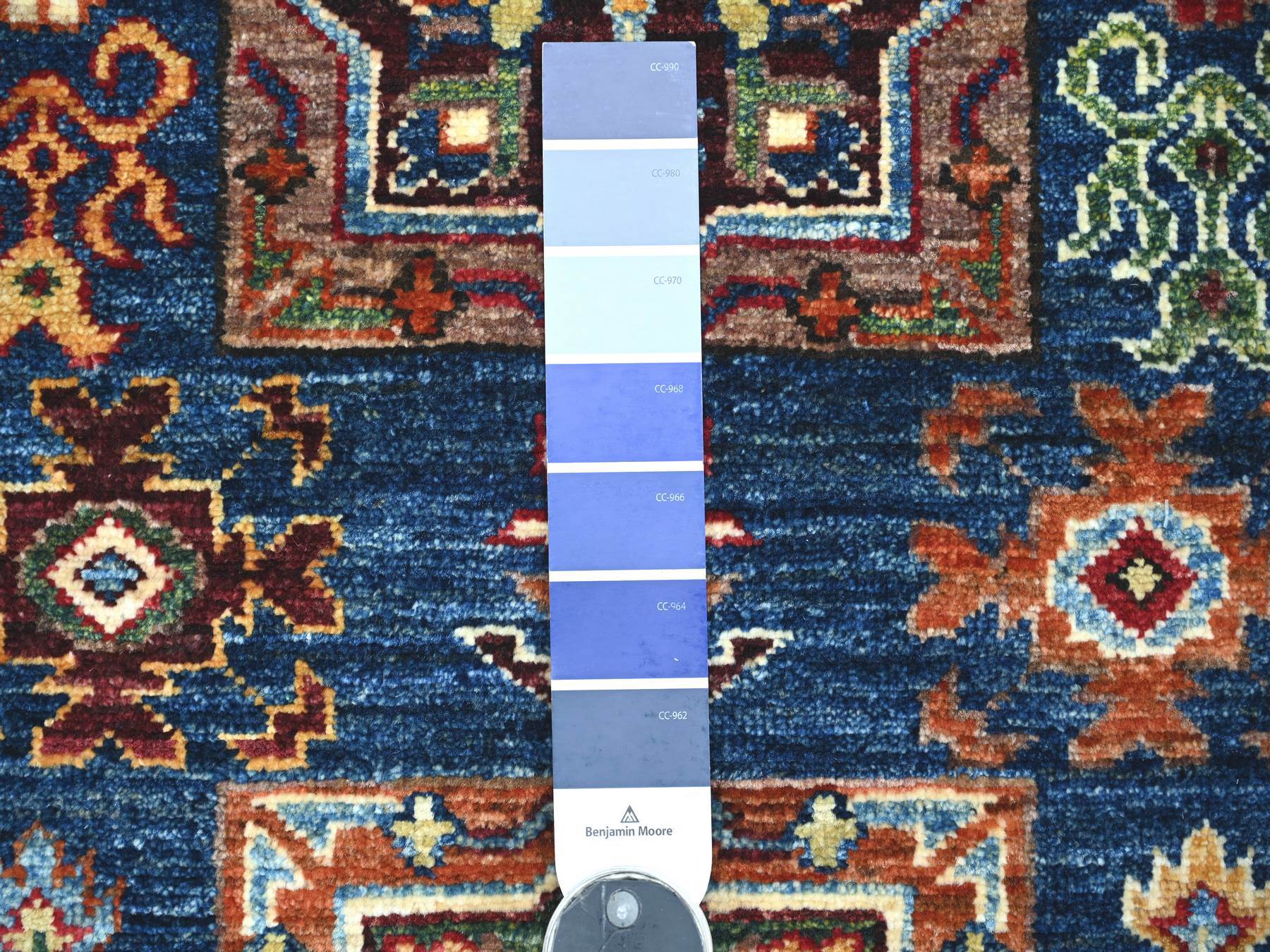 2'9"x4'1" Navy Blue, Natural Wool, Afghan Super Kazak with Geometric Medallions Design, Hand Knotted, Vegetable Dyes, Sample, Mat, Oriental Rug HR21822 - Image 3