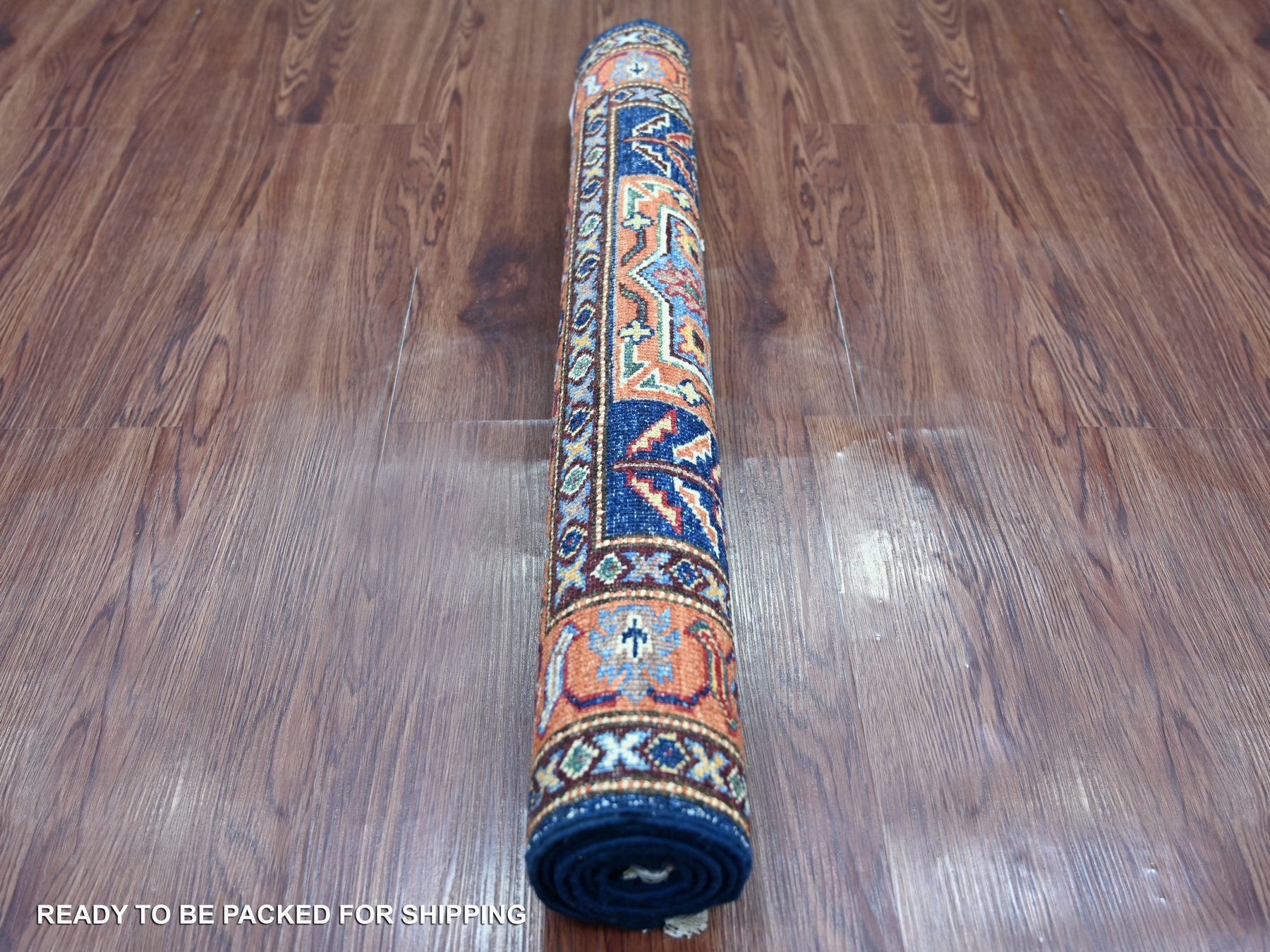 2'9"x4'1" Navy Blue, Natural Wool, Afghan Super Kazak with Geometric Medallions Design, Hand Knotted, Vegetable Dyes, Sample, Mat, Oriental Rug HR21822 - Image 4