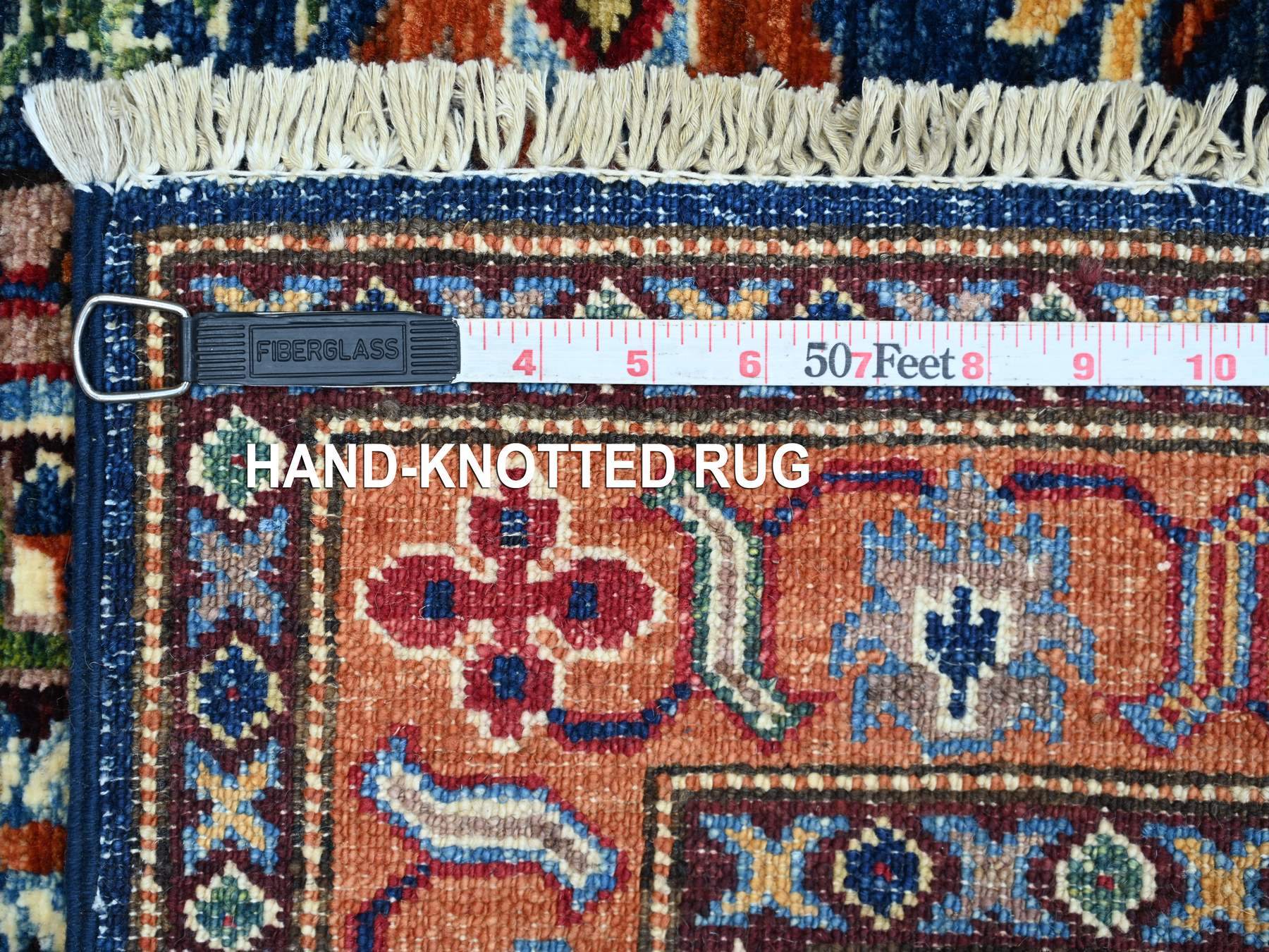 2'9"x4'1" Navy Blue, Natural Wool, Afghan Super Kazak with Geometric Medallions Design, Hand Knotted, Vegetable Dyes, Sample, Mat, Oriental Rug HR21822 - Image 6