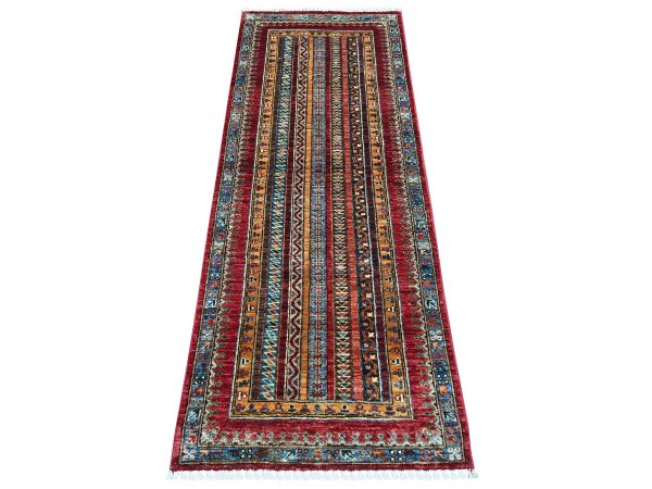 2'4"x6'1" Berry Red, Afghan Super Kazak with Shawl Design, Hand Knotted, Vegetable Dyes, Pure Wool, Narrow Runner, Oriental Rug HR21915