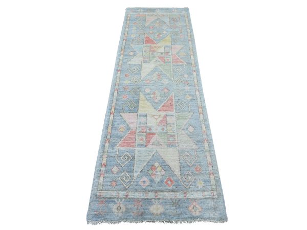 2'6"x8'2" Beau Blue, Anatolian Village Inspired Design with Geometric Pattern, Hand Knotted, Pure Wool, Vegetable Dyes, Runner, Oriental Rug HR22967