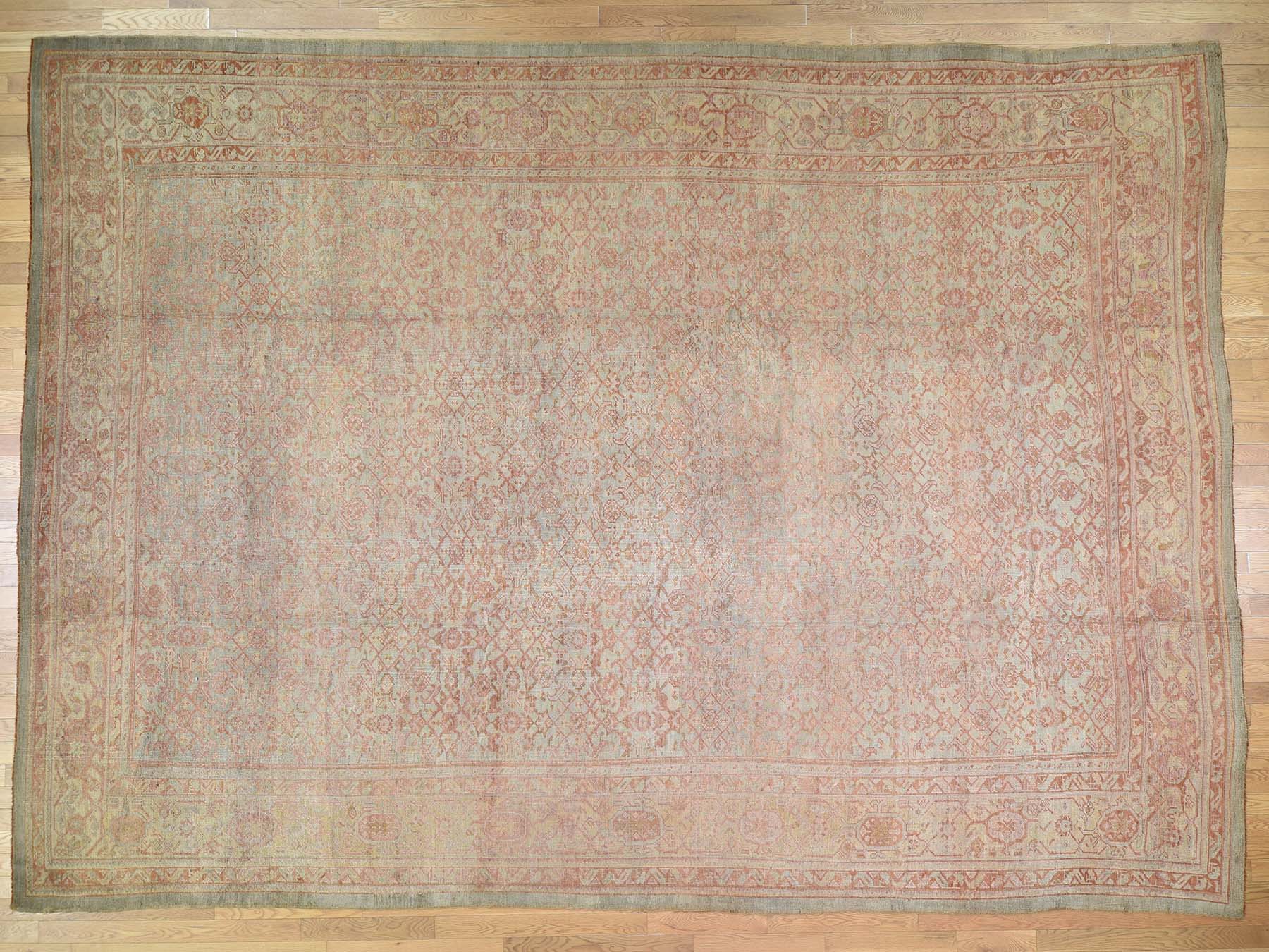 10'10"x15'3" Cinnamon and Green Oversized Antique Turkish Oushak Exc Condition Pure Wool Hand-Knotted Oriental Rug HR44738