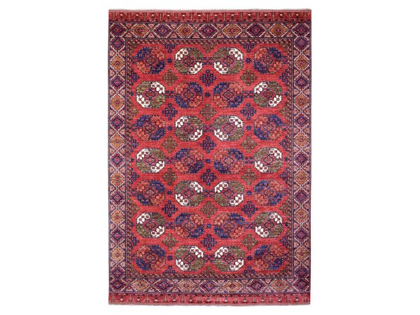 10'x13'9" Soft Wool Hand Knotted Coral Red Afghan Ersari with Geometric Elephant Feet Design Oriental Rug HR69531