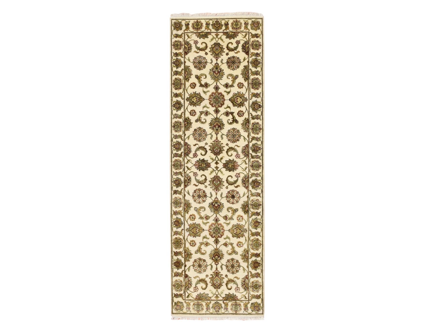 2'7"x8'3" Linen White, Rajasthan with All Over Leaf Design, Hand Knotted, Thick and Plush, Soft Pile, Wool and Silk, Runner, Oriental Rug HR75623