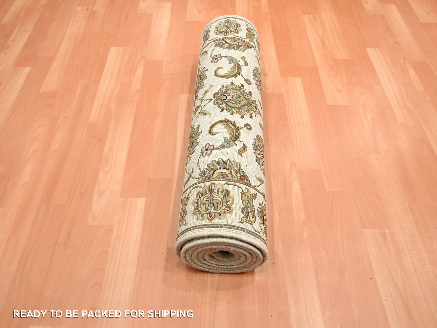 2'7"x8'3" Linen White, Rajasthan with All Over Leaf Design, Hand Knotted, Thick and Plush, Soft Pile, Wool and Silk, Runner, Oriental Rug HR75623 - Image 5