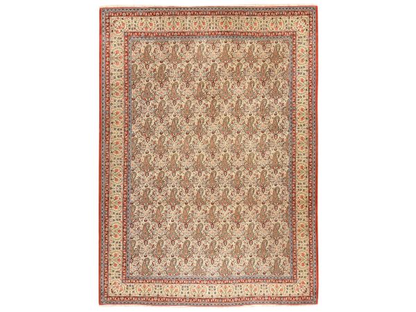 7'10"x10'9" Alabaster White, Vintage Persian Ghom with Paisley, Boteh Design, 100% Wool, Hand Knotted, Good Condition and Clean, Oriental Rug HR78539
